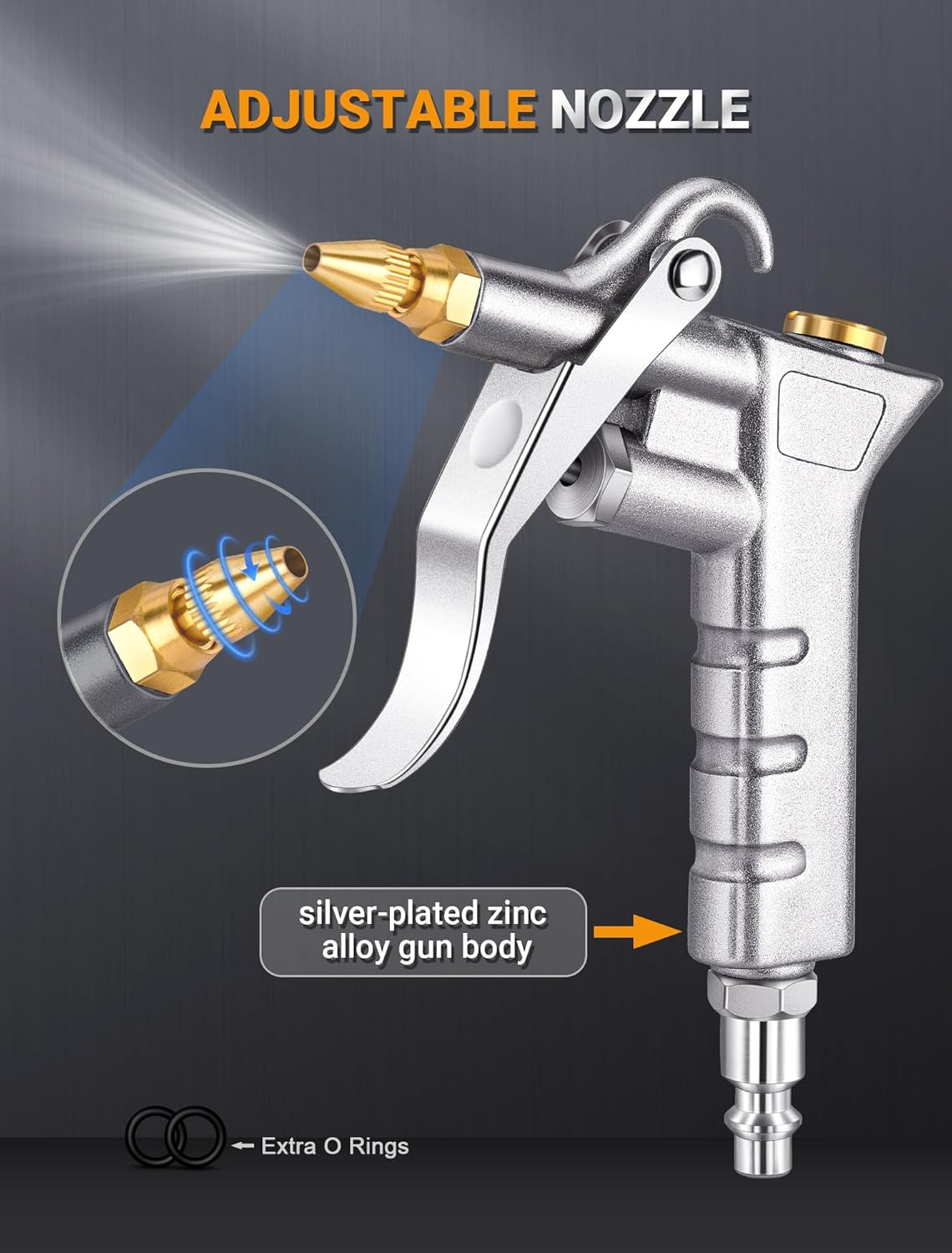 JASTIND Metal Air Blow Gun with Brass Adjustable Air Nozzle and Steel Extension, Air Compressor Attachments with 1/4IN Standard Quick Plug, Pneumatic Tools Air Blower Gun for Dust Removal