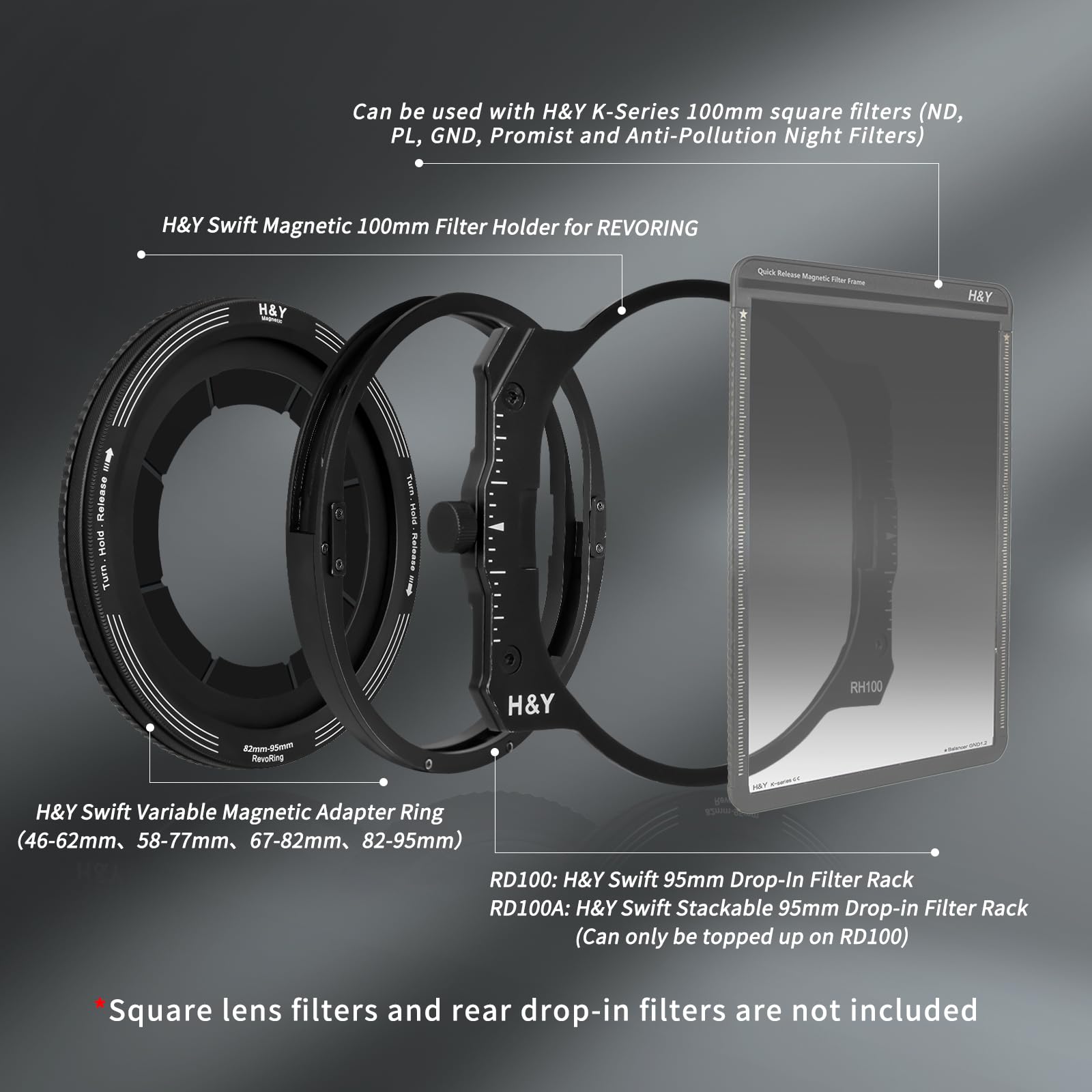 H&Y Swift Camera Lens Filter Sets Swift Basic Lens Filter Accessories Kit 46-62mm Variable Magnetic Step Up Rings, Drop-in Filter Rack, 100mm Lens Filter Holder