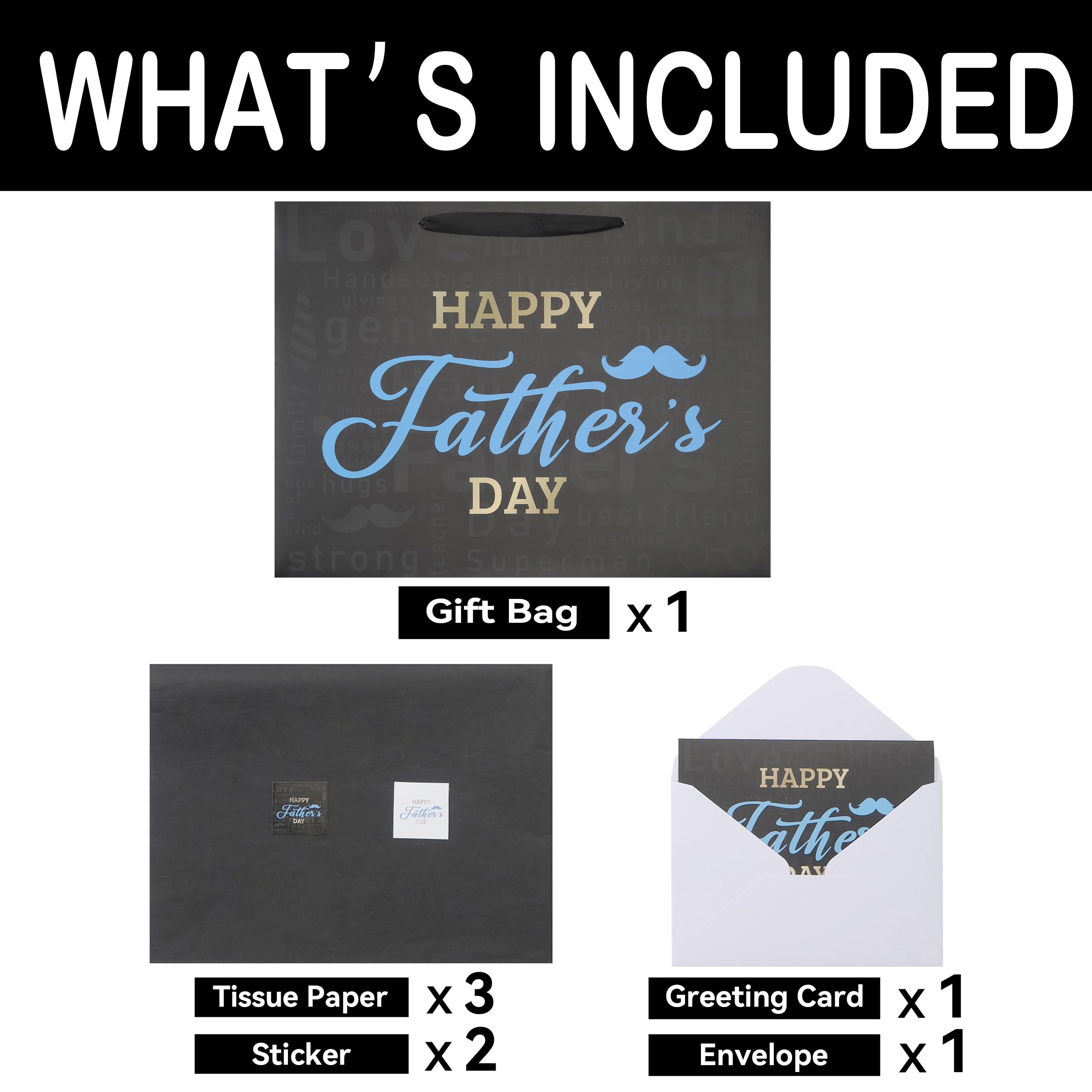 Qirrmiy 16.5'' Extra Large Father's Day Bag Gift Bag Set with Handles, Greeting Card, Black Tissue Papers and Stickers for Men for Best Dad Ever, Dad Day, Father's Day Design, 1 Pcs