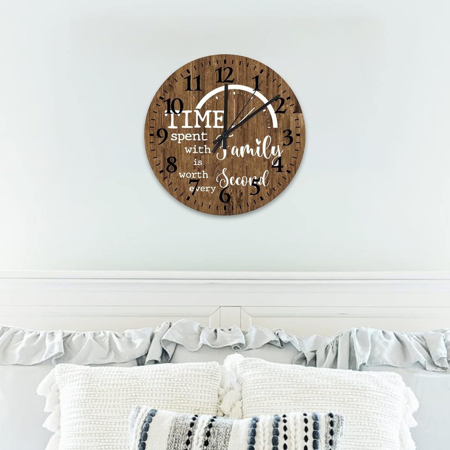 12 Inch Time Spent with Family is Worth Every Second Wooden Wall Clocks Battery Operated Silent Family Letter Quote Vintage Wood Print Wall Clock Arabic Numbers Round Clock for Home Office School