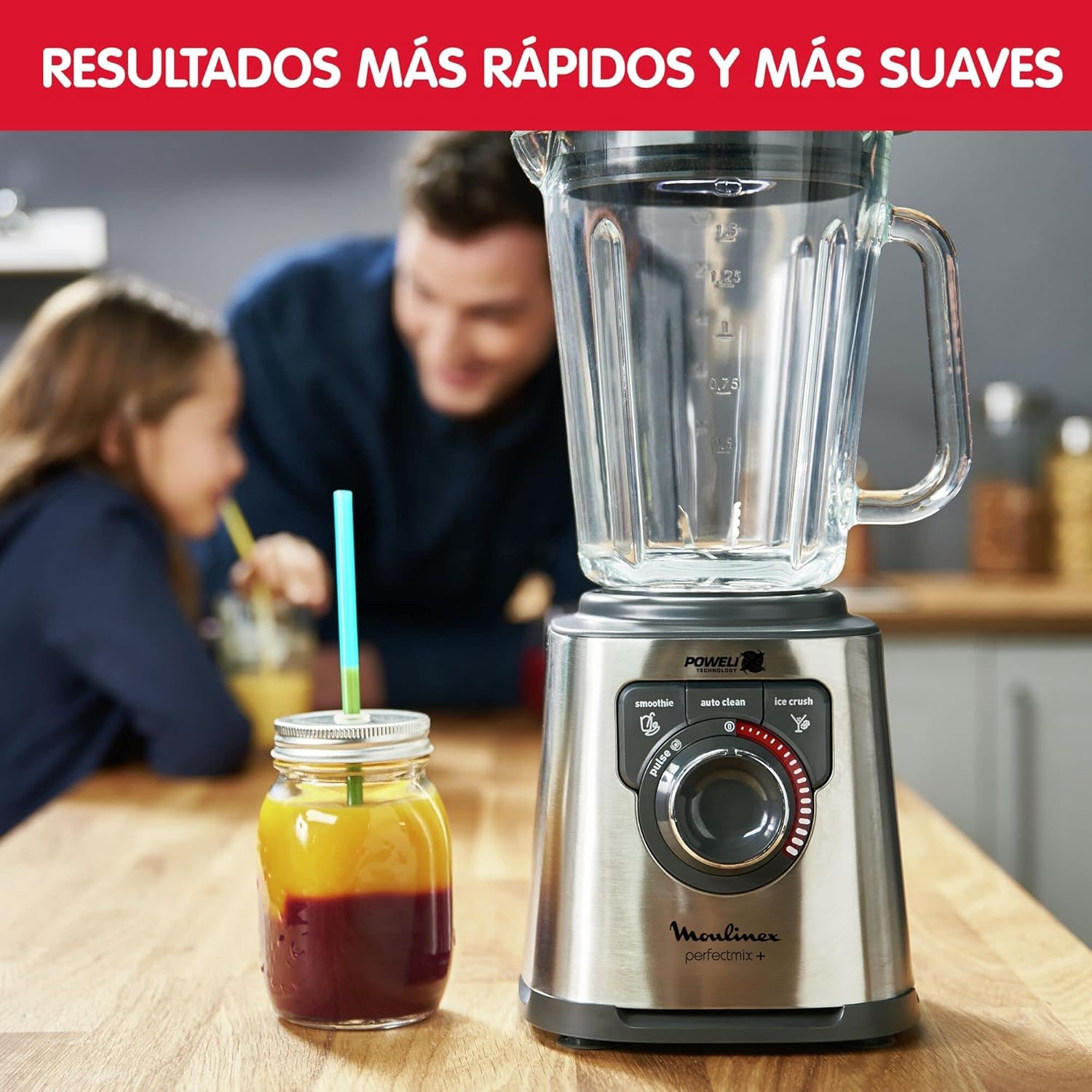 Moulinex Perfect Mix+, Batidora de vaso 1200 W, jarra de vidrio resistente, acabados en acero inoxidable, selector de velocidad retroiluminado, 3 programas automáticos, modo manual y autoclean, LM811D