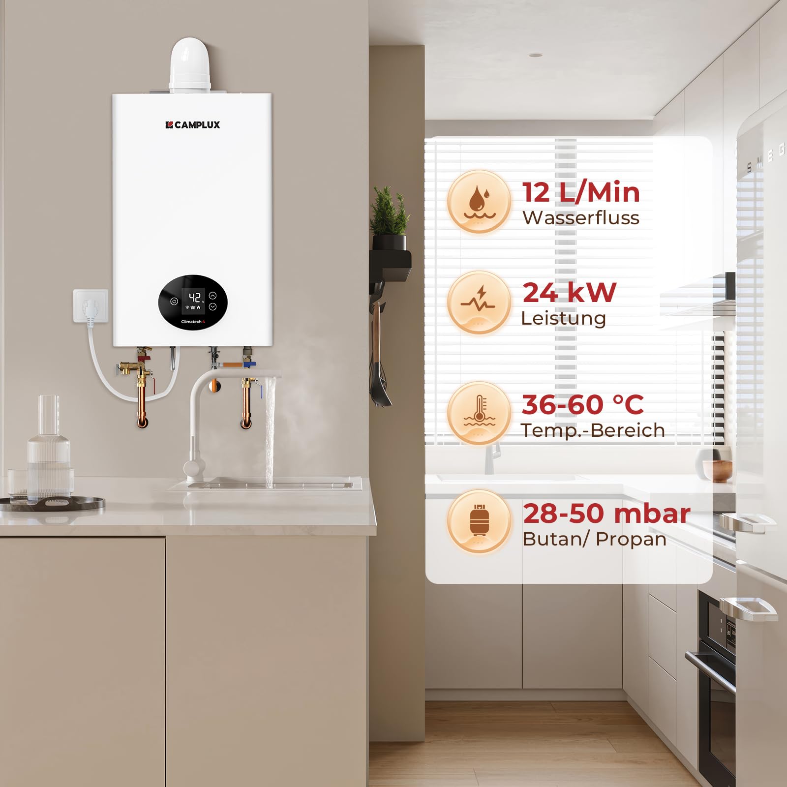 CAMPLUX Climitech 4 Gasdurchlauferhitzer 12 Liter, Indoor Gasdusche für Küche/Bad, Butan/Propan, 28-50 mbar, GX318LP