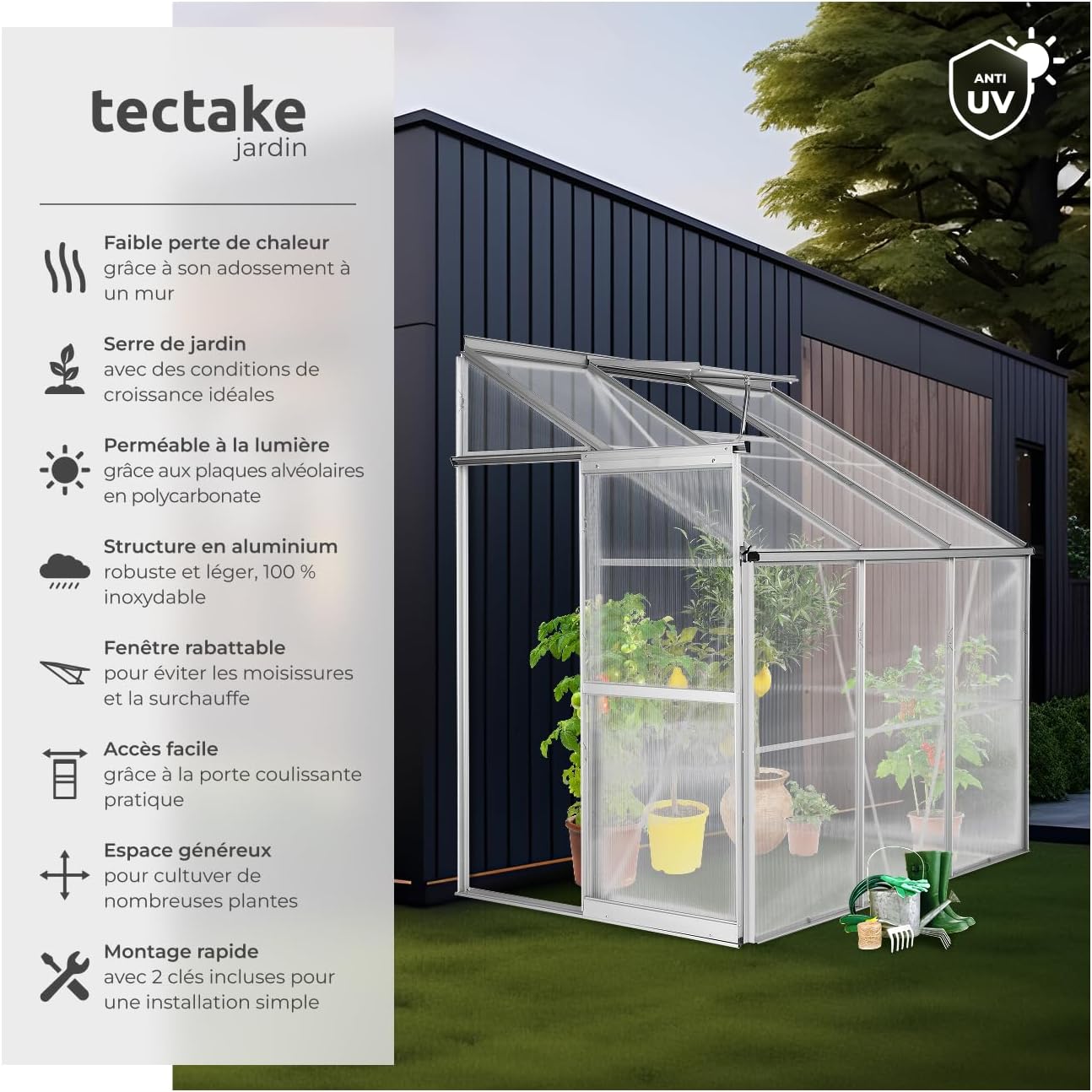 tectake Lean-To Greenhouse installed against a house wall, filled with various plants.