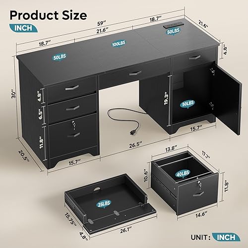 Miniatura 2 de Bestier Escritorio de oficina de 59 pulgadas con cajones con cerradura, moderno escritorio para computadora con cajón de archivos, estación de carga