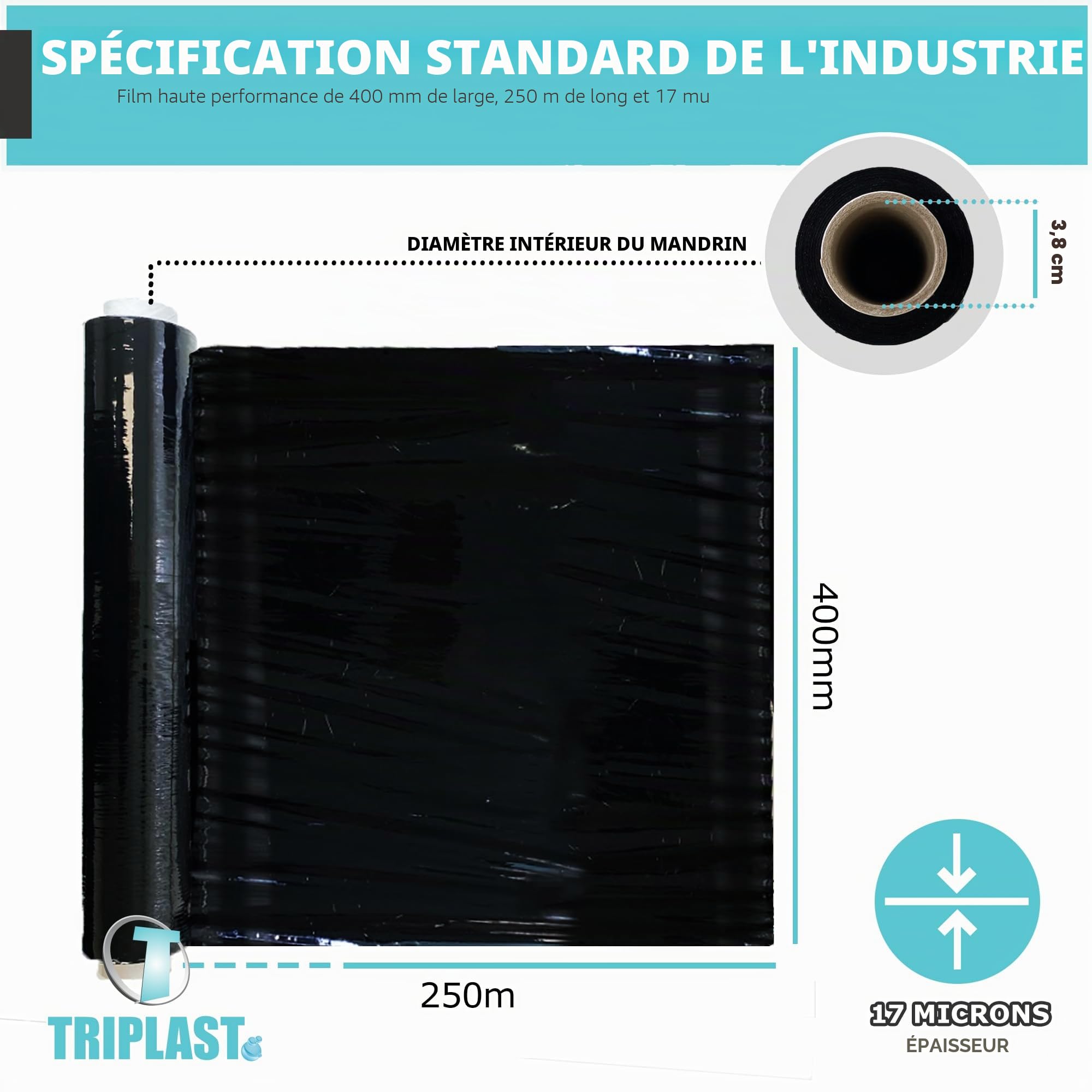 Triplast 400 mm x 250 m film étirable pour palette – Noir (Lot de 2)