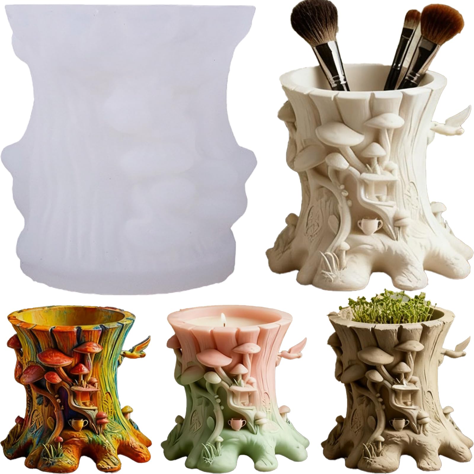 Resin Mushroom Molds, Silicone Tree Stump Mold for Epoxy, Concrete | 3D Mushroom Tree Stump Candle Holder Mold for Container, Flower Pot, Clay, Plaster, Storage Boxes, Home Decor, Pen Holders