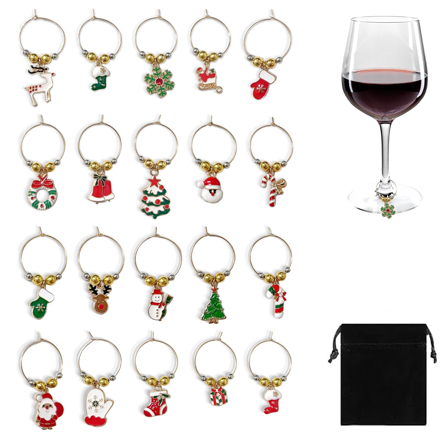 VLYX Wine Glass Charms - Christmas Theme Series Charms - 20 PCS Set with Velvet Bag for Stemware Identification, Wine Tasting Party Décor