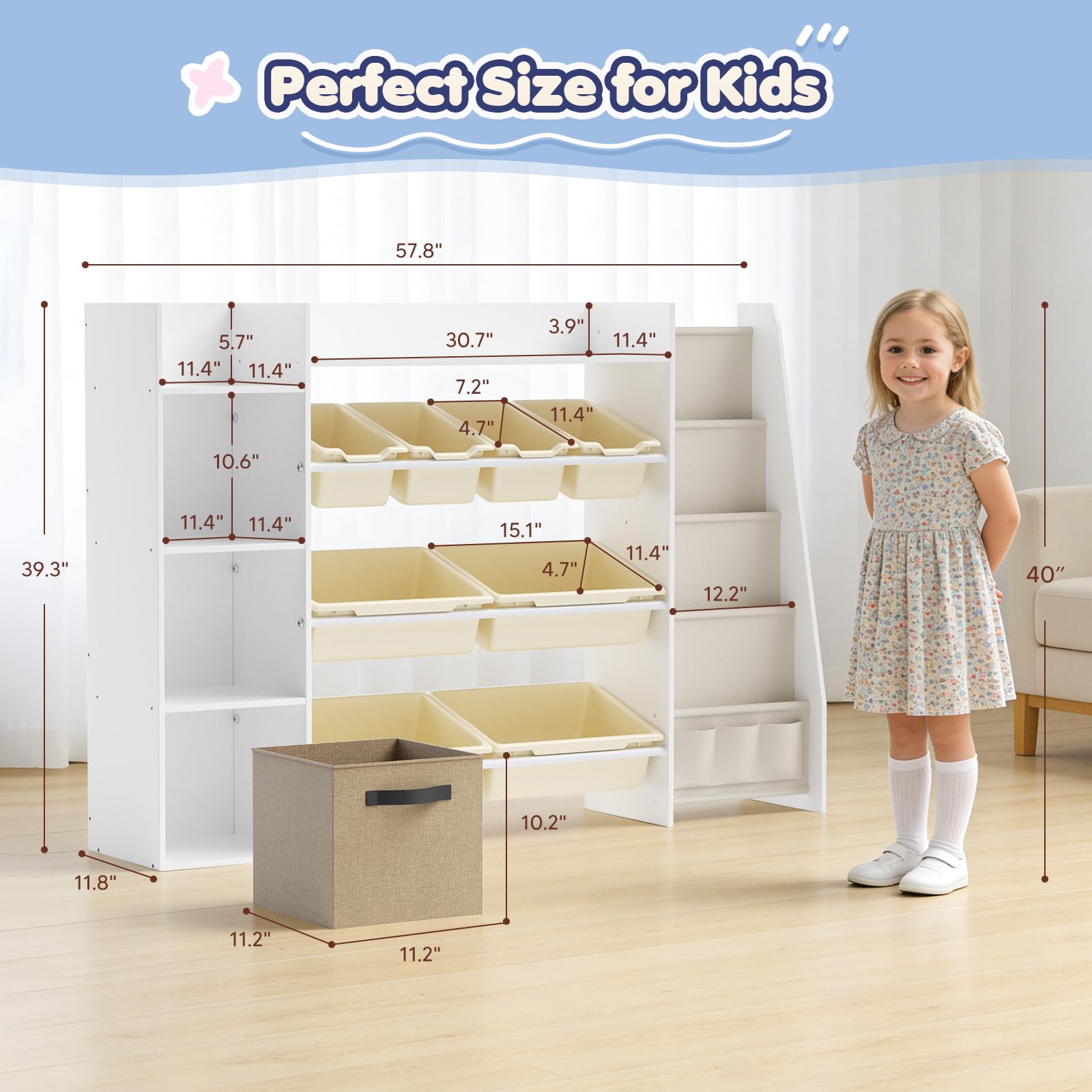 Kinderregal, Holz-Bücherregal mit 8 Aufbewahrungsboxen, Kinderzimmermöbel mit Spielzeugkiste für Schlafzimmer, Wohnzimmer, Arbeitszimmer, 147 x 30 x 100 cm, Weiß