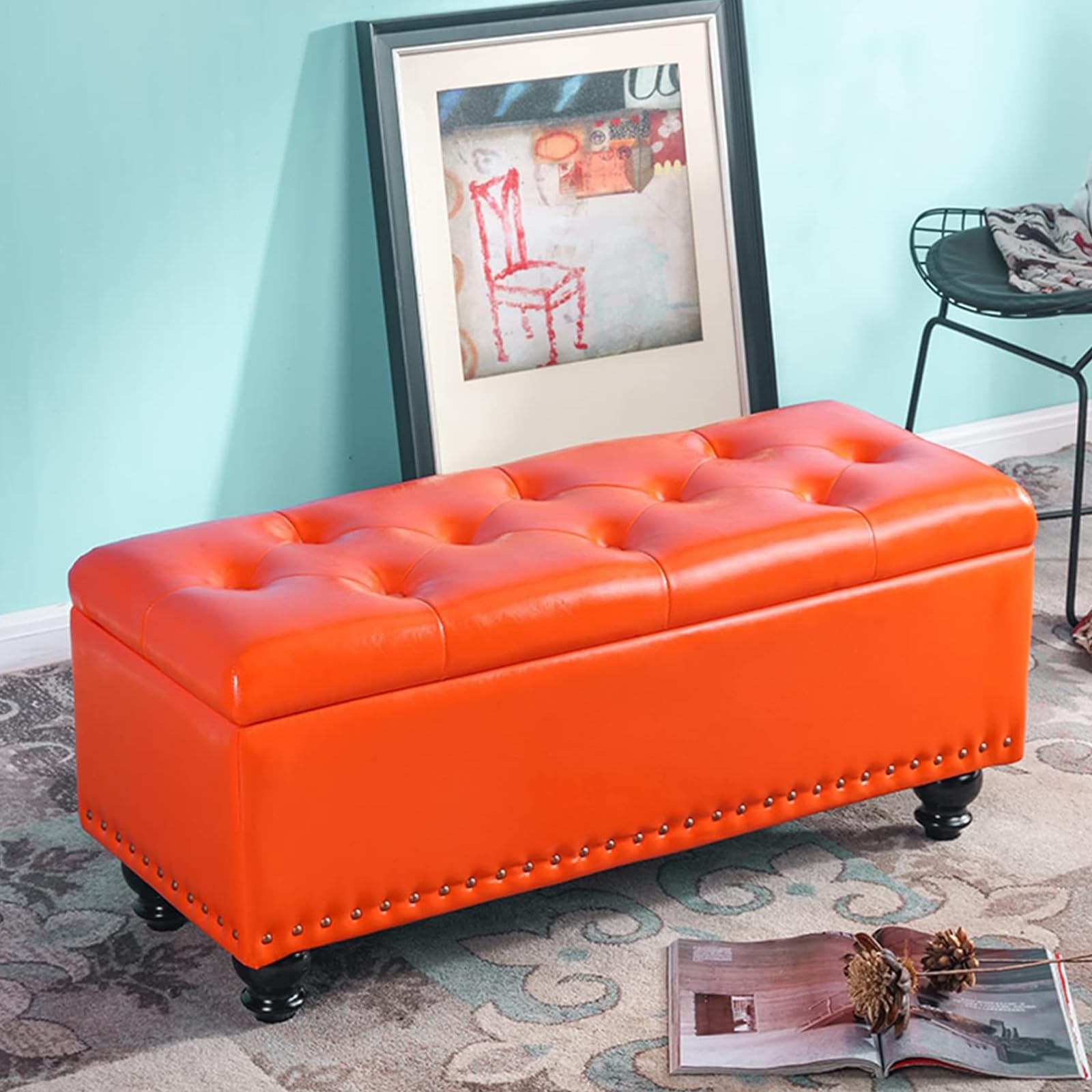 Puf Arcón Contenedor con Revestimiento De Piel Sintética, Reposapiés para Dormitorio, Banco, Taburete De Salón O Sofá con Estructura Y Patas De Madera,Naranja,100 * 40 * 45cm