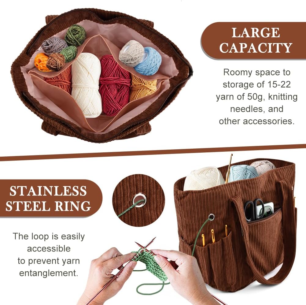 Corduroy Knitting & Crochet Tote, Yarn Storage Organizer, Portable Tote Basket for Crochet Hooks & Accessories (Brown)
