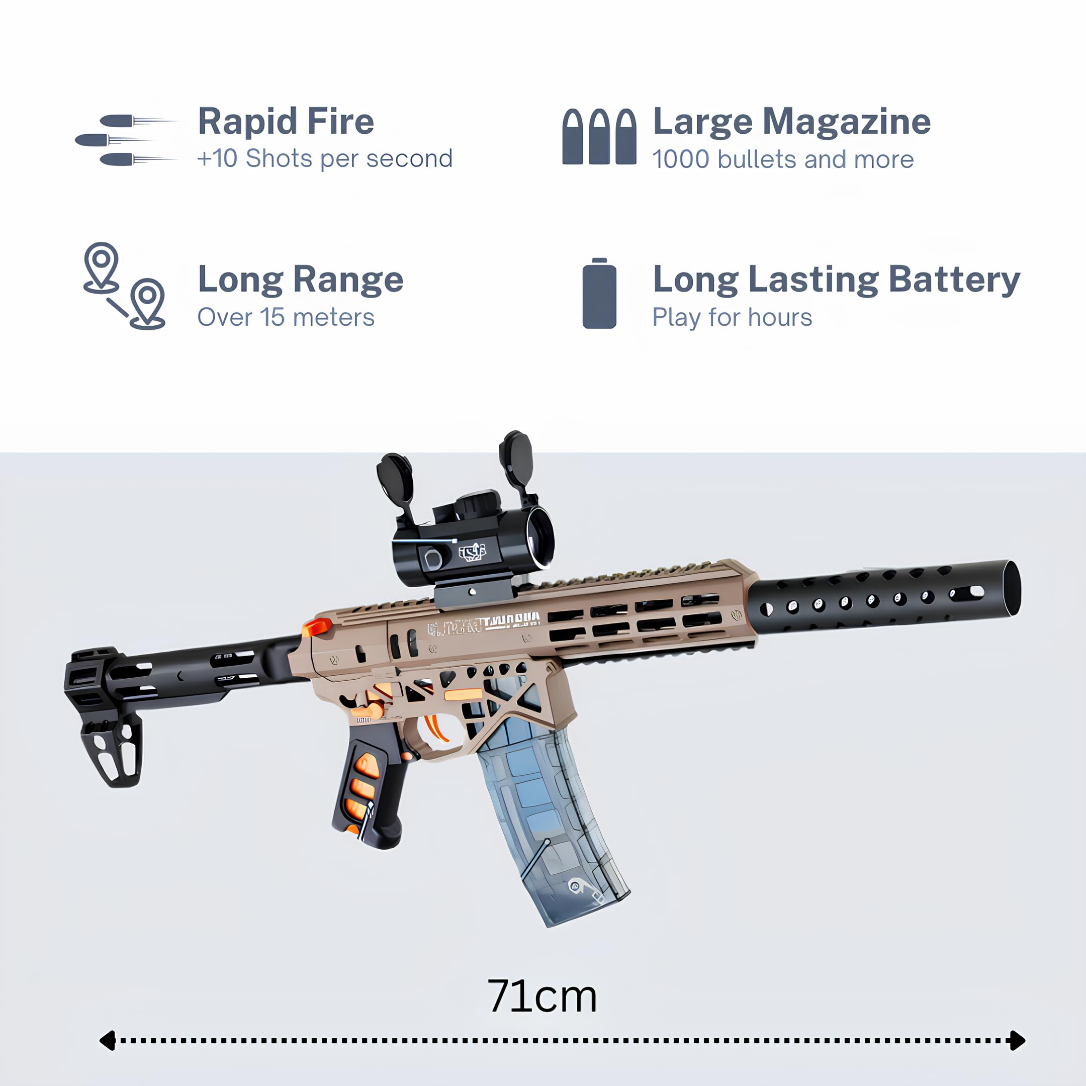 Gel Blaster Gun MK7 – Pistolet à Bille Eau Electrique Automatique – Accessoires & Lunettes – Watersoft Puissant Fusil Arme Mitraillette - Adulte Gelfire Water Gun (Marron)