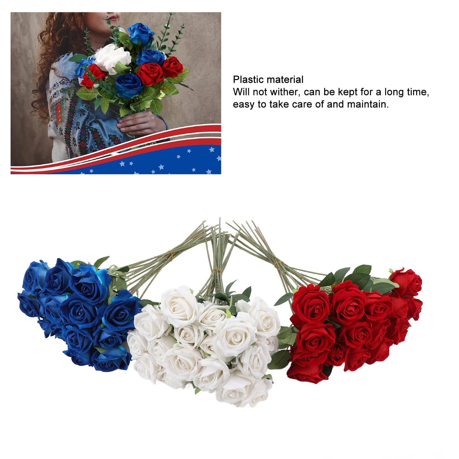 Luocute 50 Pièces Bouquet de Roses Artificielles Réalistes Rouge Bleu Blanc