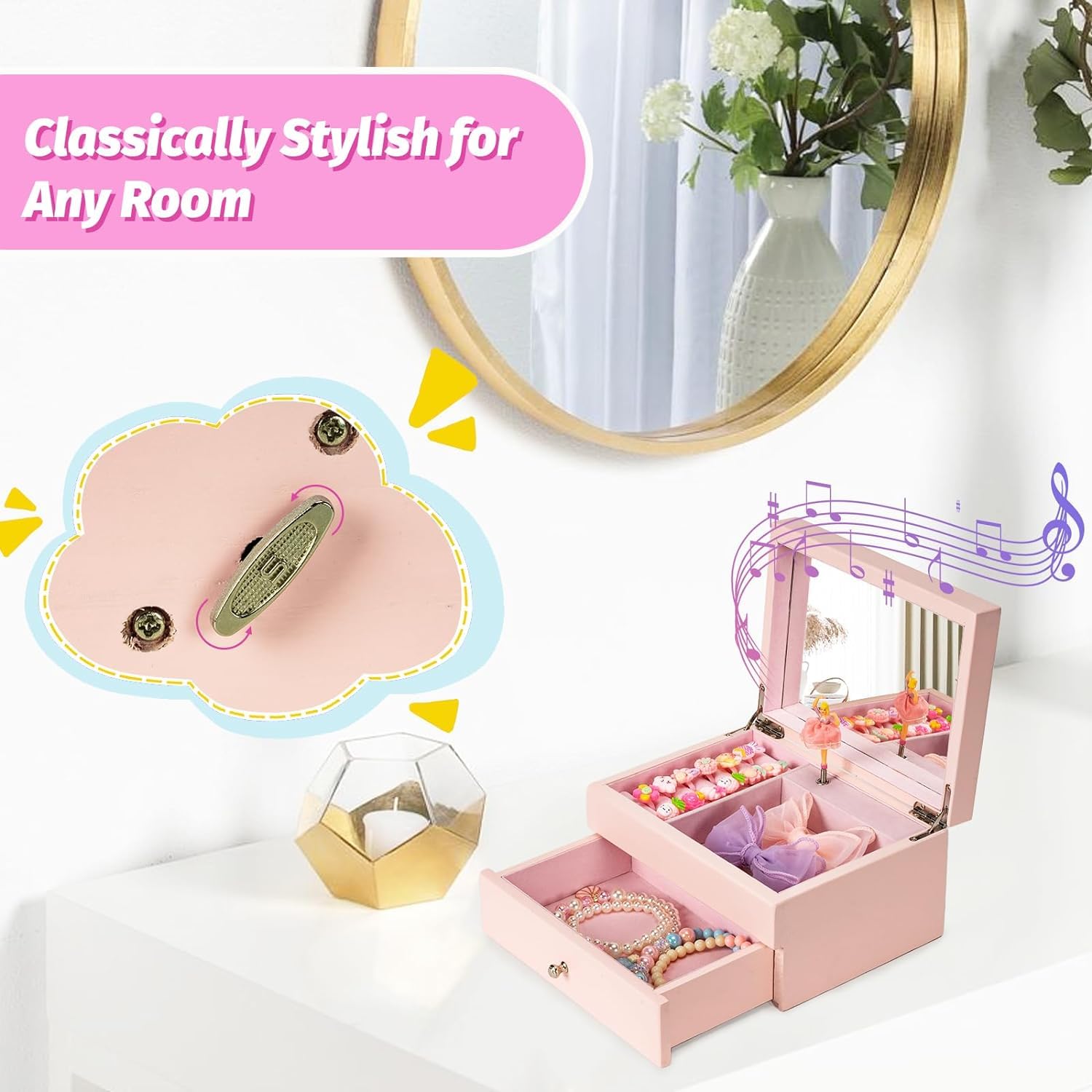 2 Niveles Joyero Niña, Joyero Musical Niña de Madera con Bailarina Giratoria, Joyero Musical Bailarina para Niñas Pequeñas, Navidad, Cumpleaños, Día del Niño, Año Nuevo Regalo (Rosa)
