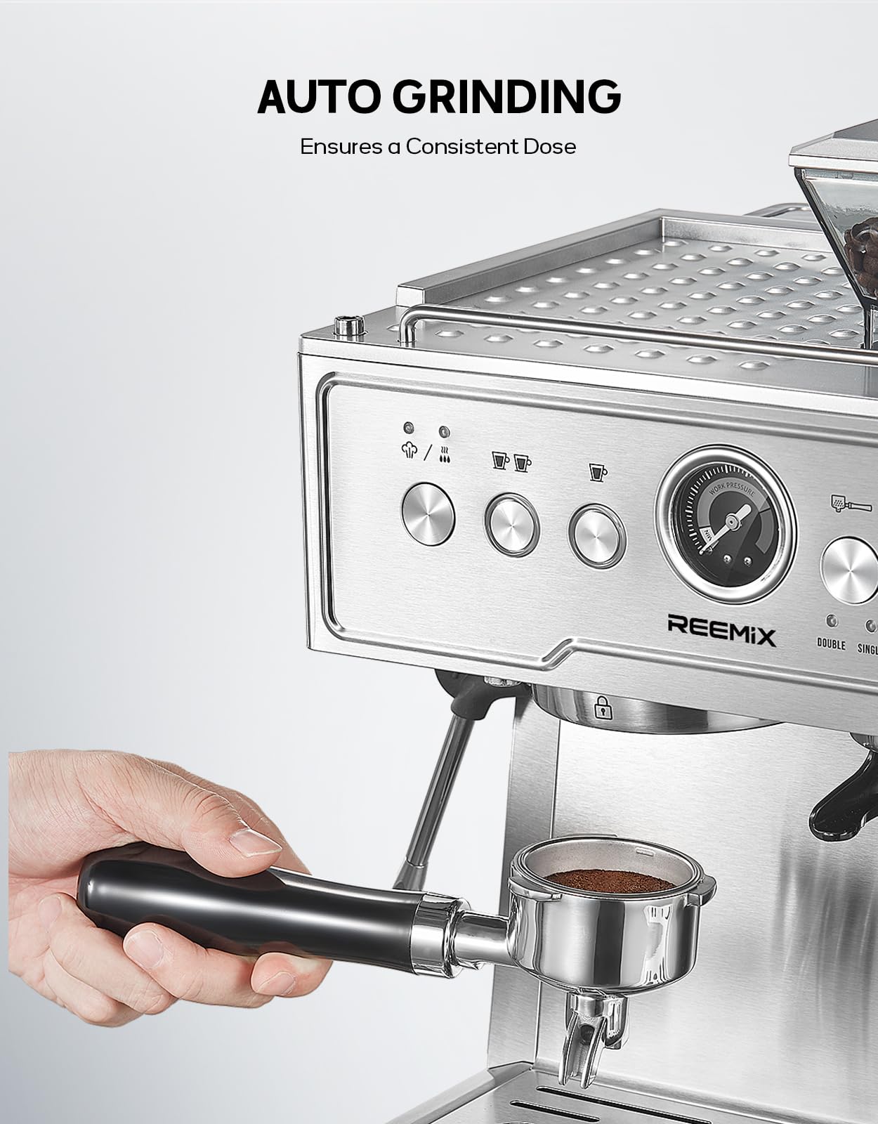 Reemix Machine à Expresso avec Porte-Filtre, Machine à Café 20 Bars avec Moulin Intégré et Mousseur à Lait, 1350 W, Réservoir de 2,8 l, Acier Inoxydable/Argenté, Kit Barista (54 mm Porte-Filtre)