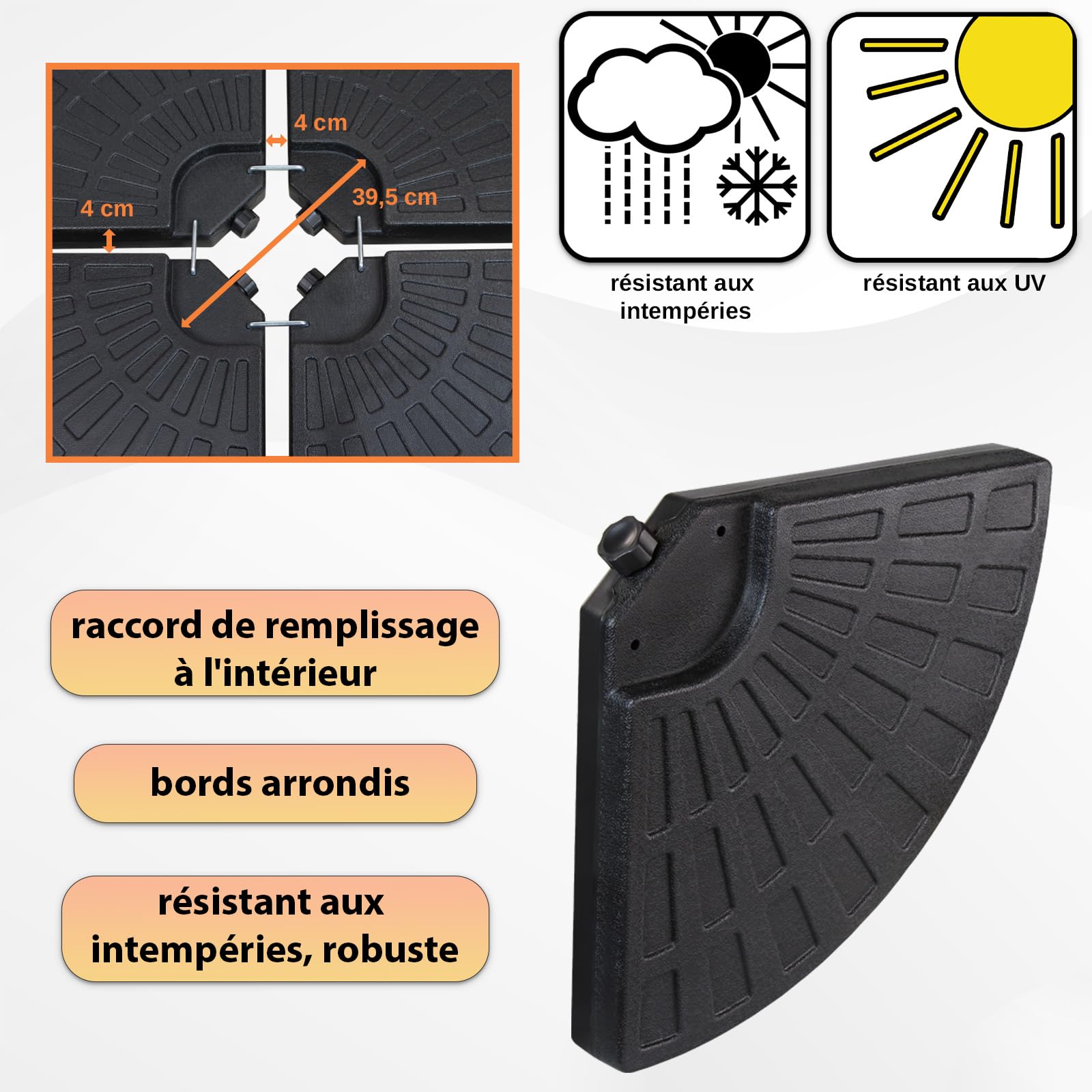 Montafox Lestage pour parasols Dalles de Parasol pour Parasol déporté - Pied en Croix Noir 52 litres / 85 kg - Peut être rempli d'eau ou de Sable