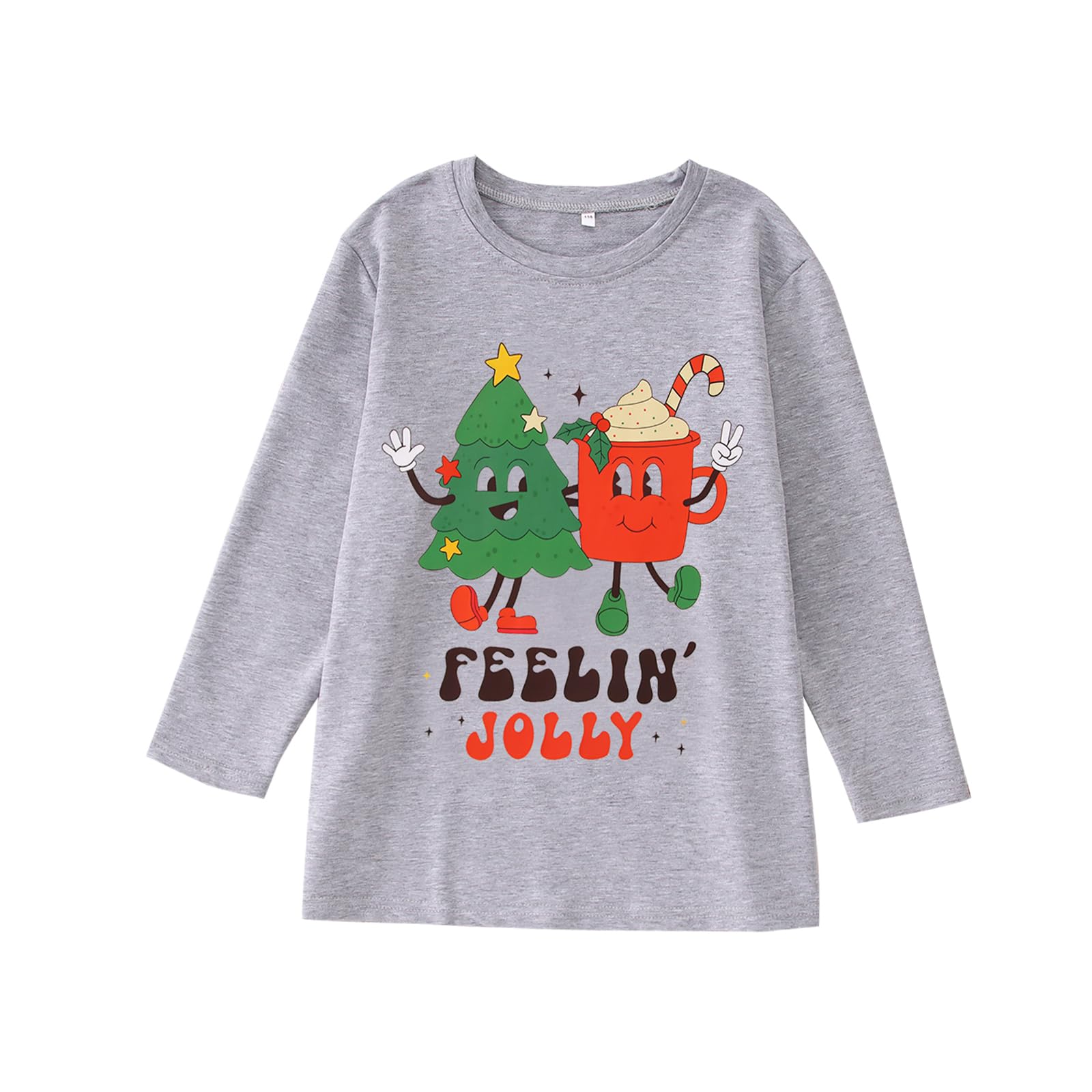 Boys Girls Christmas Shirt Long Sleeve Feelin' Jolly Graphic T-Shirt Unisex Kids Xmas Holiday Tops Clothes 7-12 Years