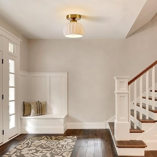 Miniatura 5 de Lámpara de techo semiempotrada de cerámica vintage, paquete de 2, lámparas de pasillo doradas, luces de techo de globo blanco, lámpara de araña