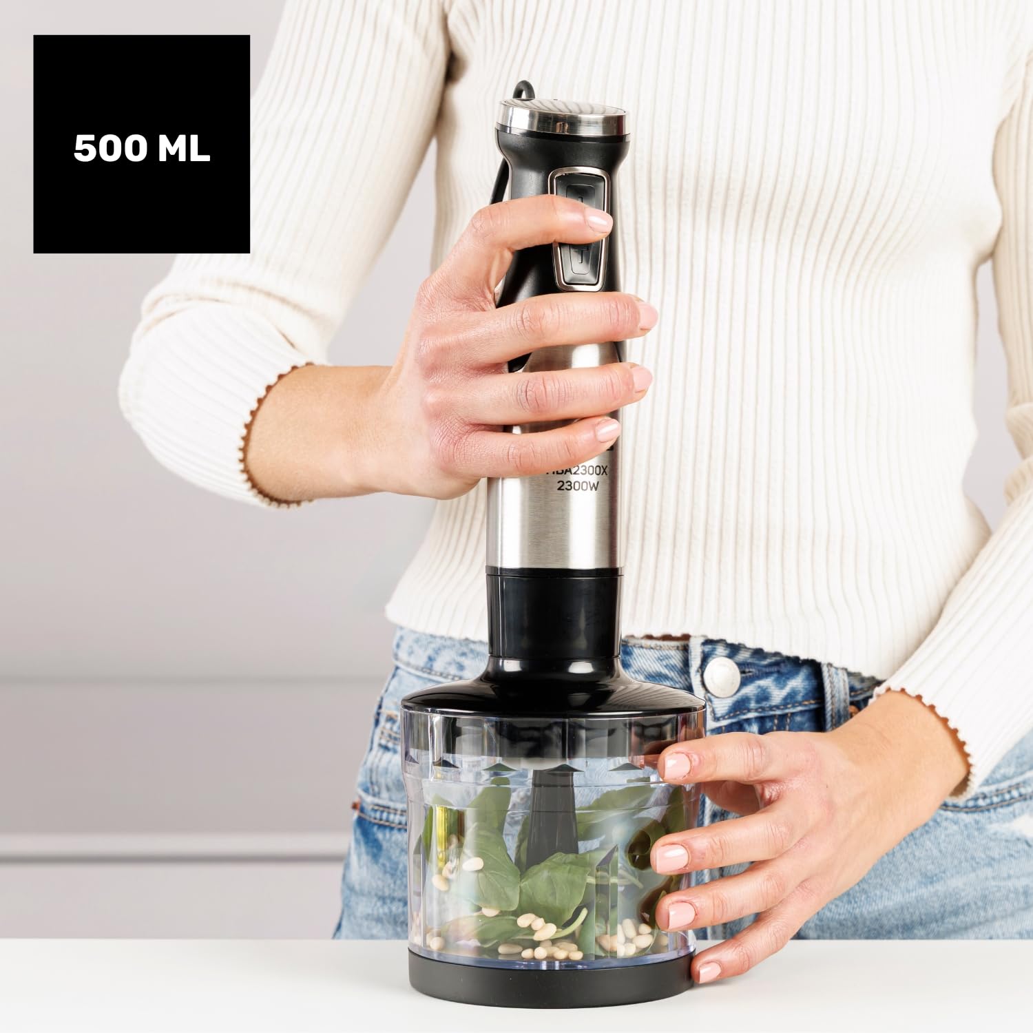 Taurus – Blender ręczny HBA2300X | 2300 W | 4 ostrza ze stali nierdzewnej | regulator prędkości | funkcja Turbo | Konstrukcja zapobiegająca rozpryskiwaniu | Akcesoria: kubek z miarką 1 l, rozdrabniacz