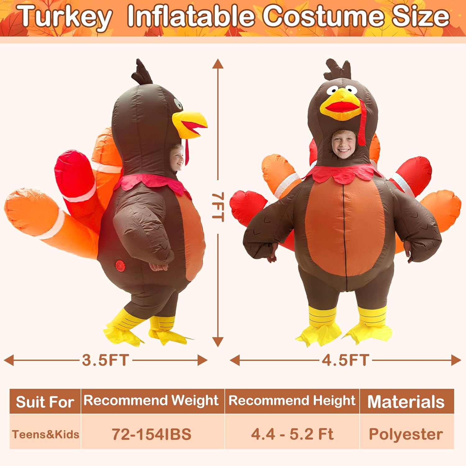 Camlinbo Thanksgiving Inflatable Costume, Funny Inflatable Turkey Costume for Kids Blow Up Full Body Turkey Outfit Opening Face Animals Costumes Suits For Boys Girls Teens Cosplay Thanksgiving Party - Image 2