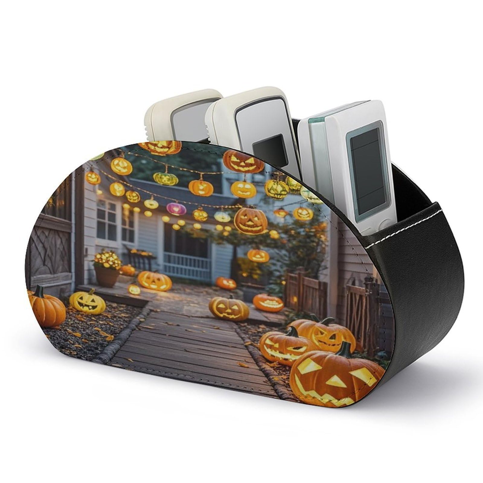LZQPOEAS Pumpkin Skewers Remote Control Holder with 5 Compartments PU Leather Remote Organizer Box Caddy for Table Nightstand Remote Caddy Desktop Organizer Fits Media Controllers