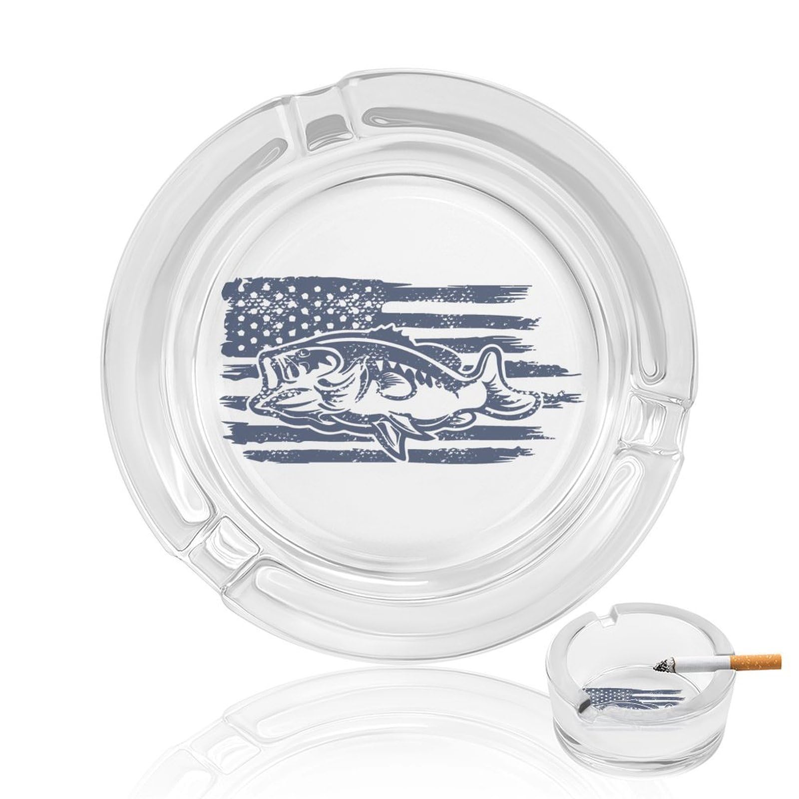 US Bass Fishing Flag Ashtray Portable Round Glass Outdoor Ash Tray for Home Office Garden Pub