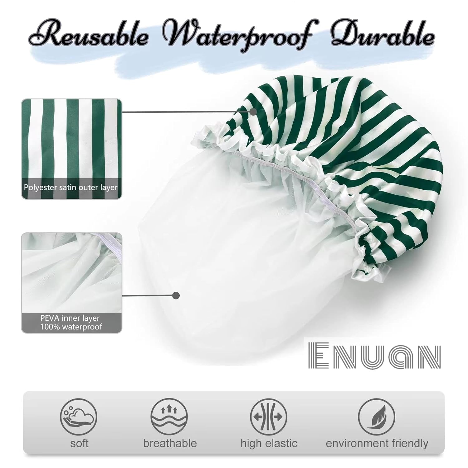2PCS Large Reusable Shower Cap Waterproof,Double Layers Bathing Hair Bonnet to Keep Hair Dry,Silky Satin ,Soft PEVA Lining (Green+Red)1 : Beauty & Personal Care