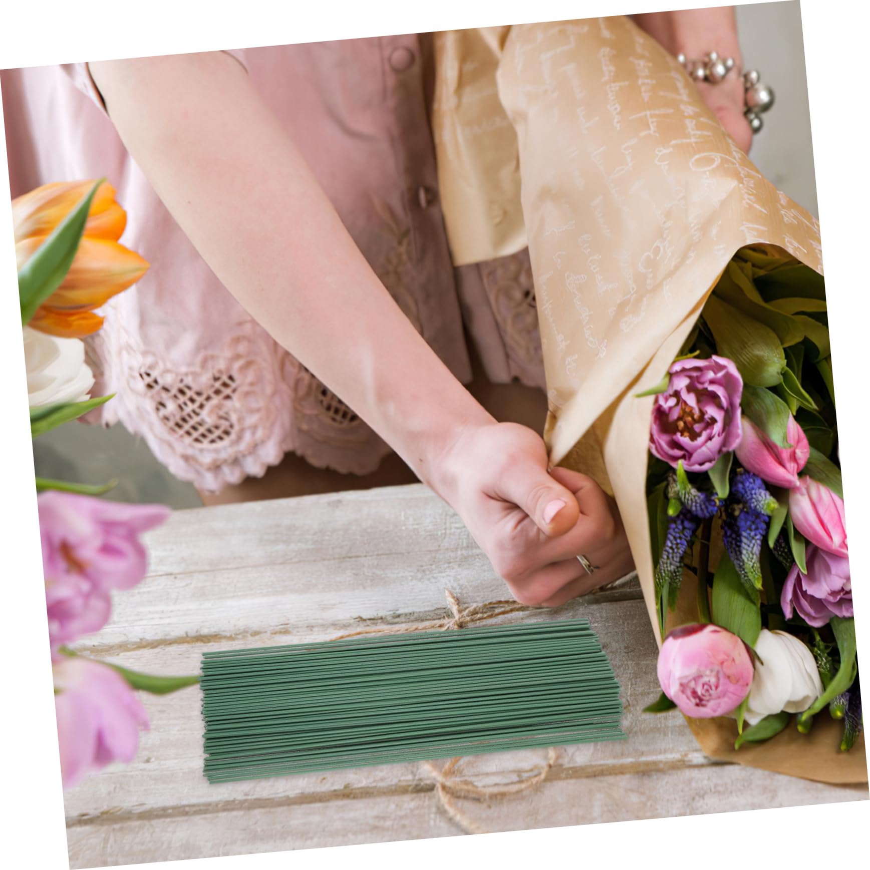 KALLORY Plastic Covered Flower Stems 100pcs Floral Wire Easy to Bend DIY Floral Rod for Artificial Flower Making