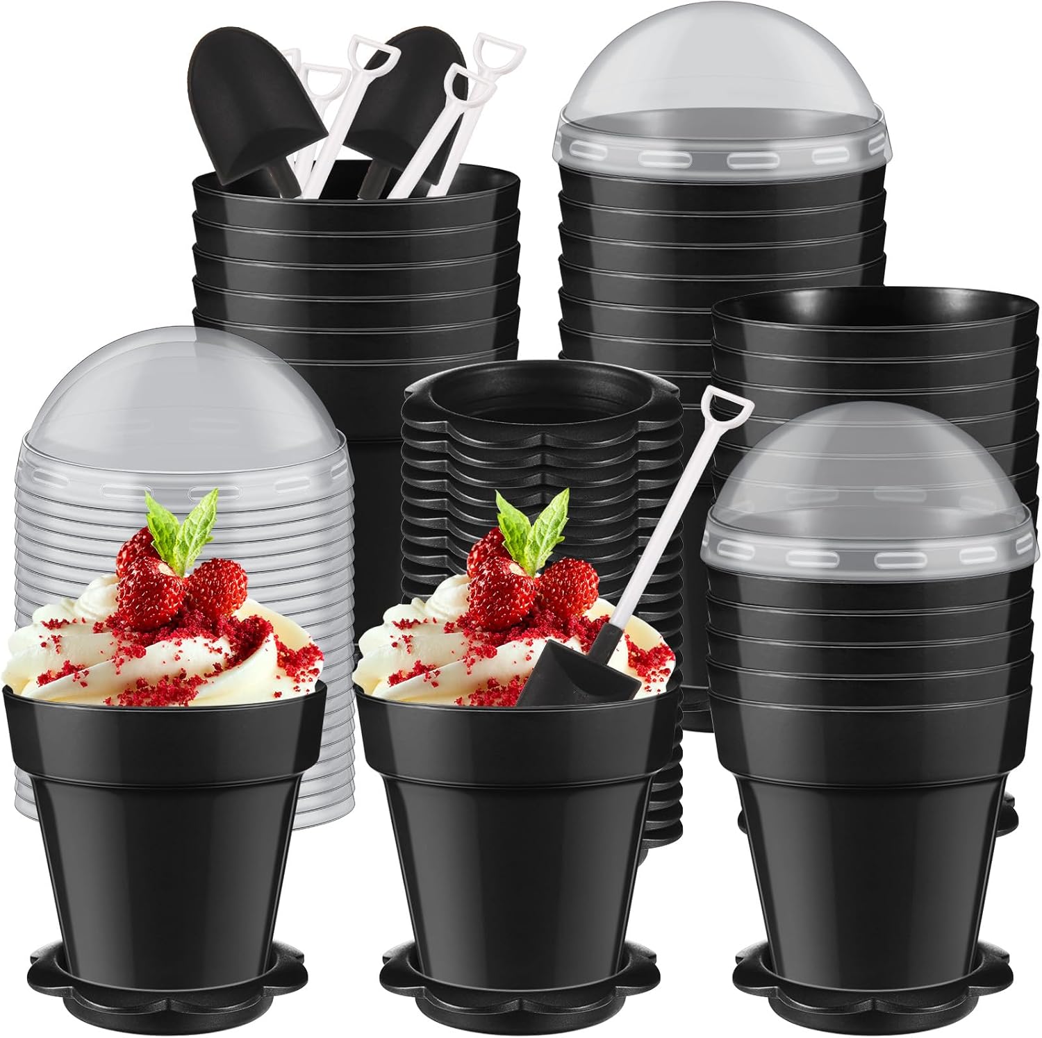 Honeydak 50 Pack Flowerpot Dessert Cup Plastic Cake Cups with Lid Shovel Spoon Bottom Tray Small Flower Pot Cups Dessert Ice Cream Yogurt Containers Holder for Ice Cream DIY(Black)