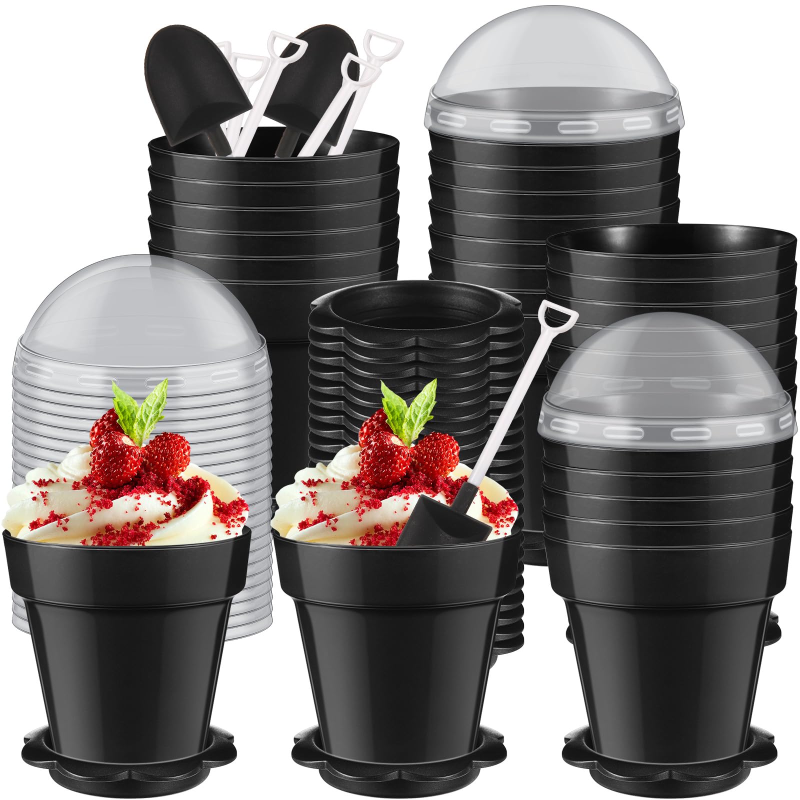 Honeydak 50 Pack Flowerpot Dessert Cup Plastic Cake Cups with Lid Shovel Spoon Bottom Tray Small Flower Pot Cups Dessert Ice Cream Yogurt Containers