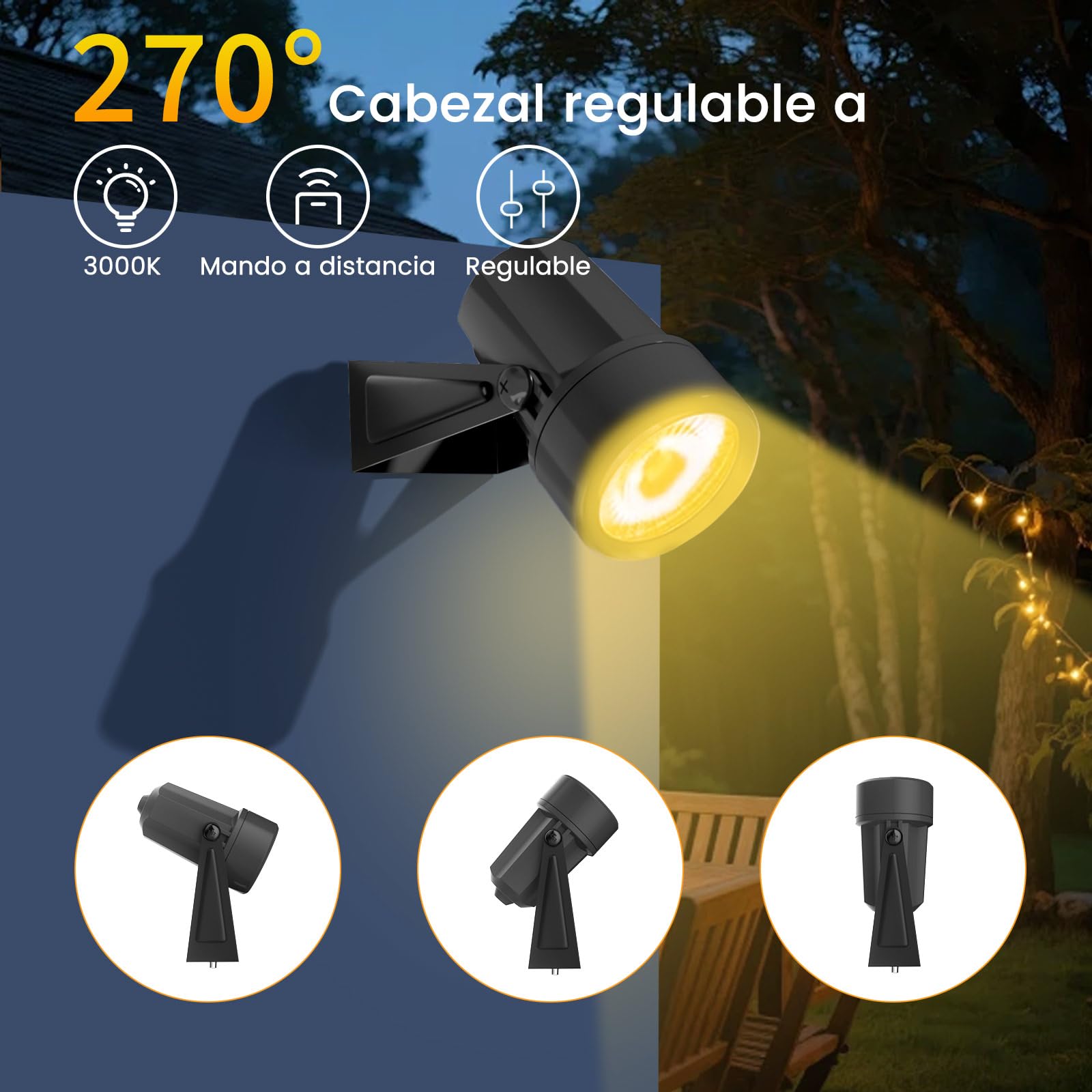 Focos Led Exterior, 95FT/29M 8 * 3W LED Focos de Jardín con Estaca Con función de temporizador y control remoto, Blanco Cálido 3000K IP65 Impermeable, al Aire Libre Iluminación de Caminos para Césped