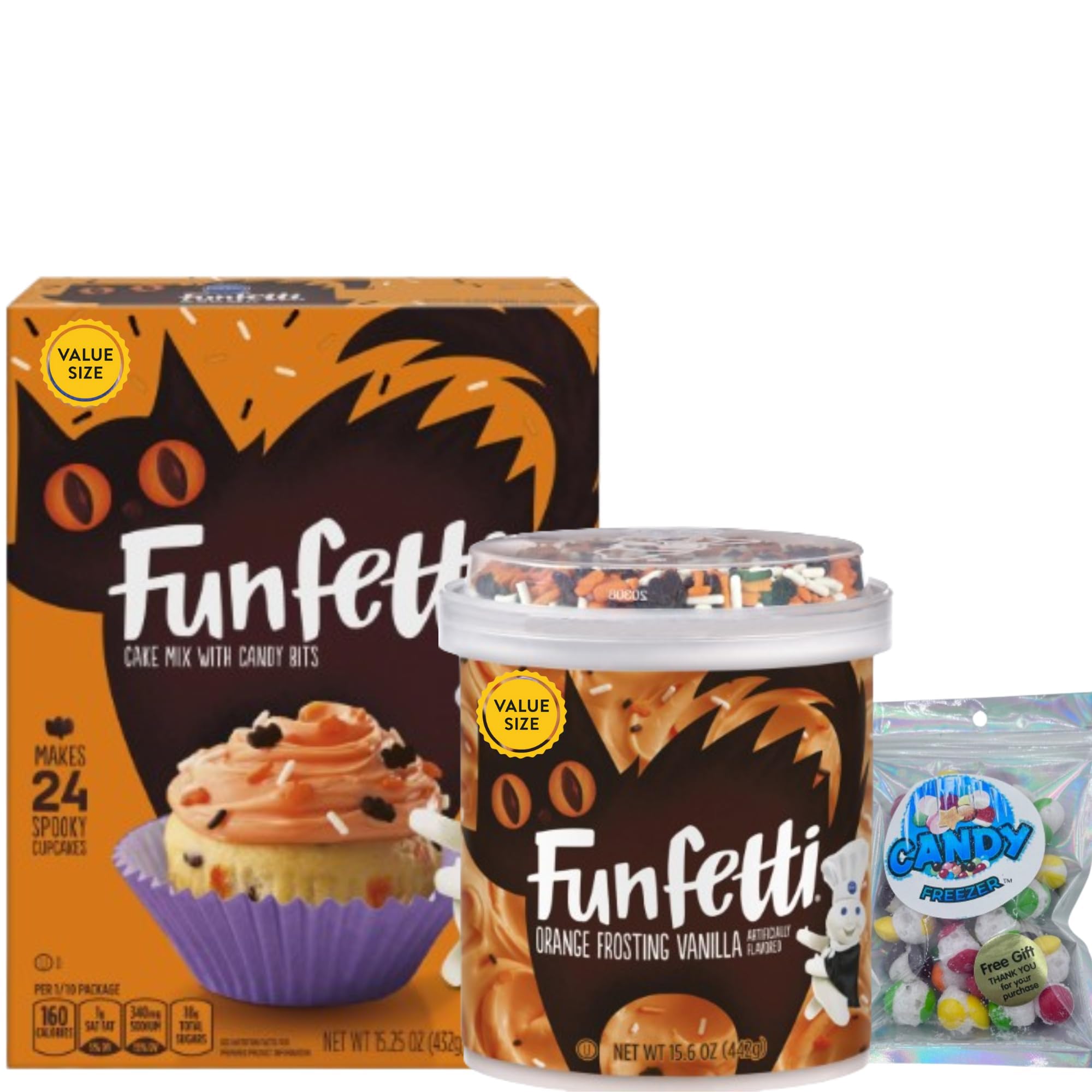 Funfetti Halloween Bundle Cake Mix with Candy Bits and Gluten Free Vanilla Frosting for a Fun Filled Halloween Cupcake Baking Event with 1 oz Candy Freezer Freeze Dried Skittz Treats