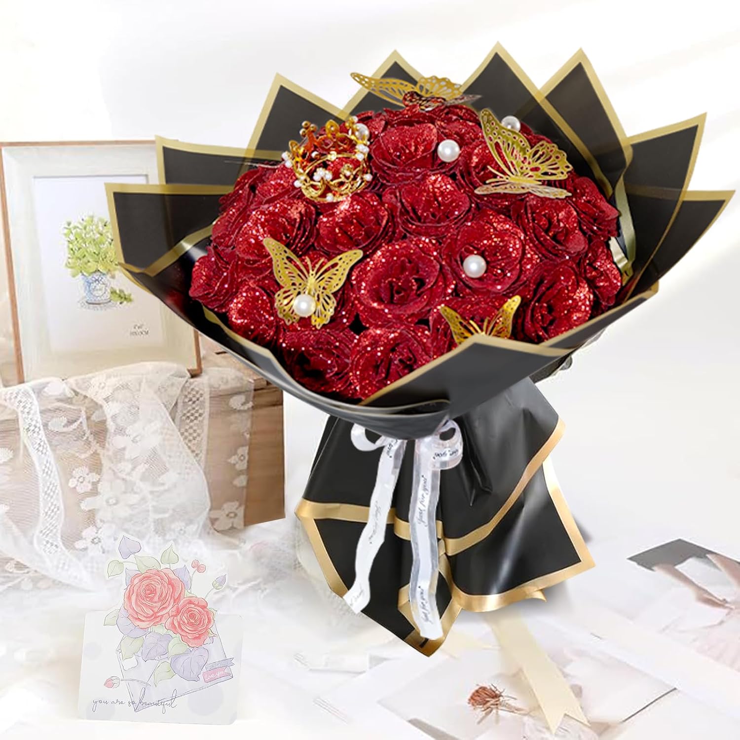 Red Glitter Roses Bouquet, 24 Pcs Shiny Glitter Flowers Bouquet, Everlasting Artificial Roses Bouquet for Mothers Day, Birthday, Anniversary, Wedding, Engagement, Christmas - Image 3