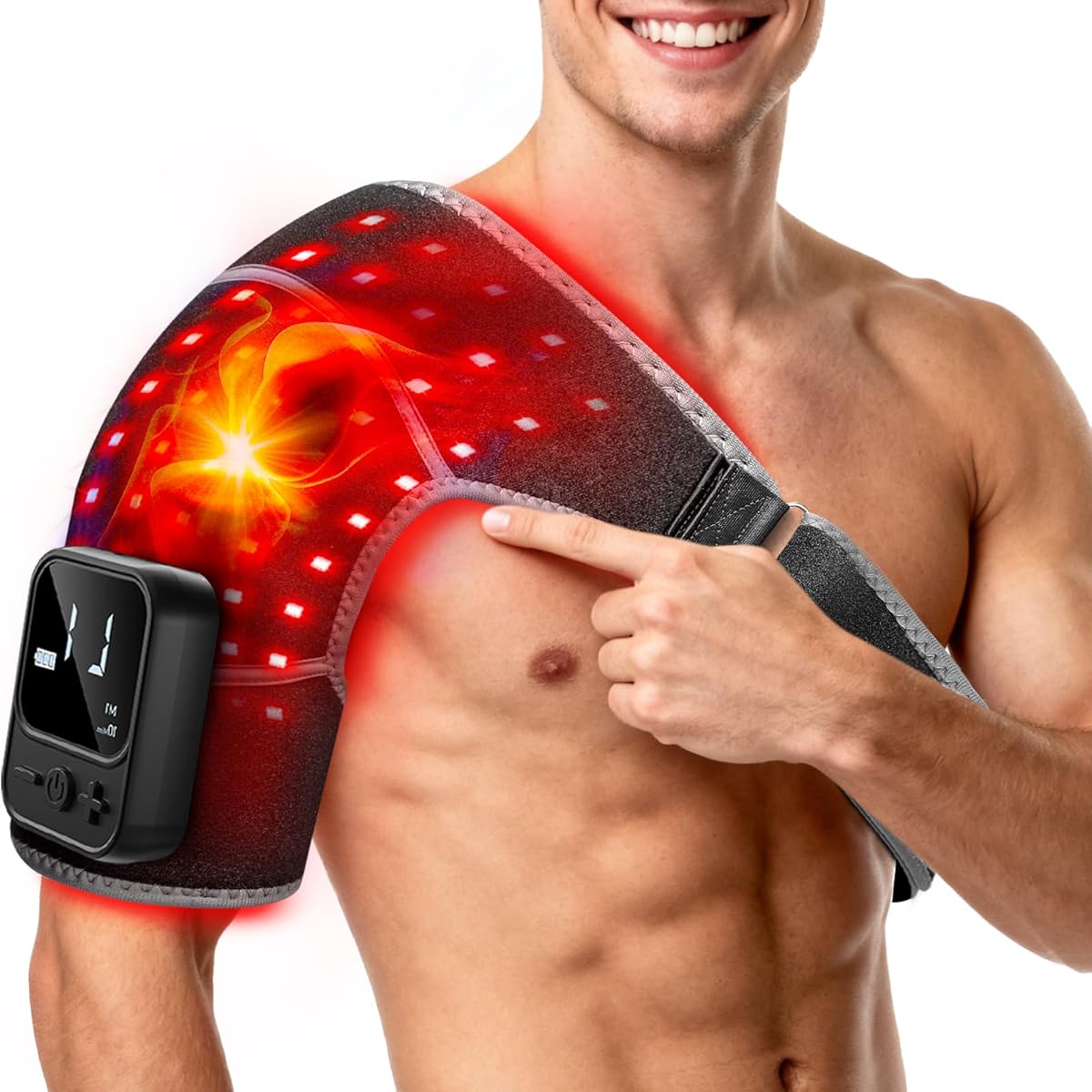 Red Light Therapy for Shoulder with Heat & Massage 5000mAH Cordless Near-Infrared Light Therapy Wrap, 216 Beads 660nm & 850nm Shoulder Brace for Men Women Portable Pad Last 90-380mins