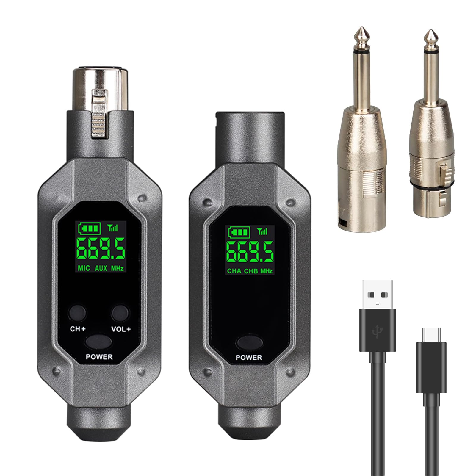 Ricevitore Trasmettitore Microfonico XLR Wireless Portatile - 262ft/80M Range Sistema Microfonico a 2,4 GHz con Bassa Latenza - Adattatore Microfonico Plug-in Ricaricabile per Mixer Audio e Studio