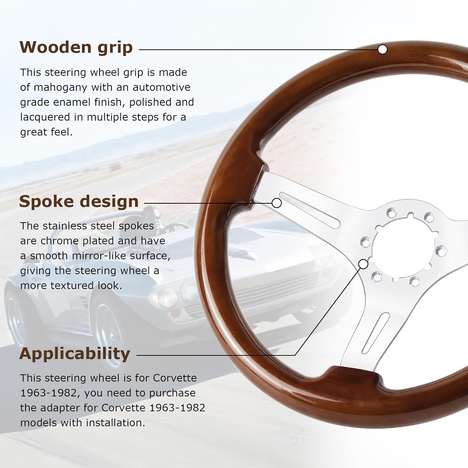 14-inch wooden steering wheel, six hole bolt classic wood grain steering wheel for Corvette 1963-1982