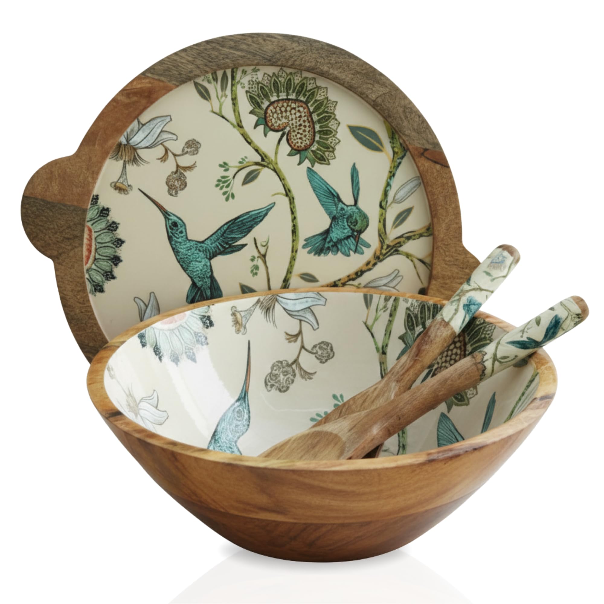 Hartsmede Wooden Salad Bowl with Lid & Spoons – 12" Handmade Mango Wood Covered Serving Bowl with Food-Safe Enamel Interior for Salad, Pasta or Fruit, Rustic Eco-Friendly Kitchen Gift (Hummingbird)