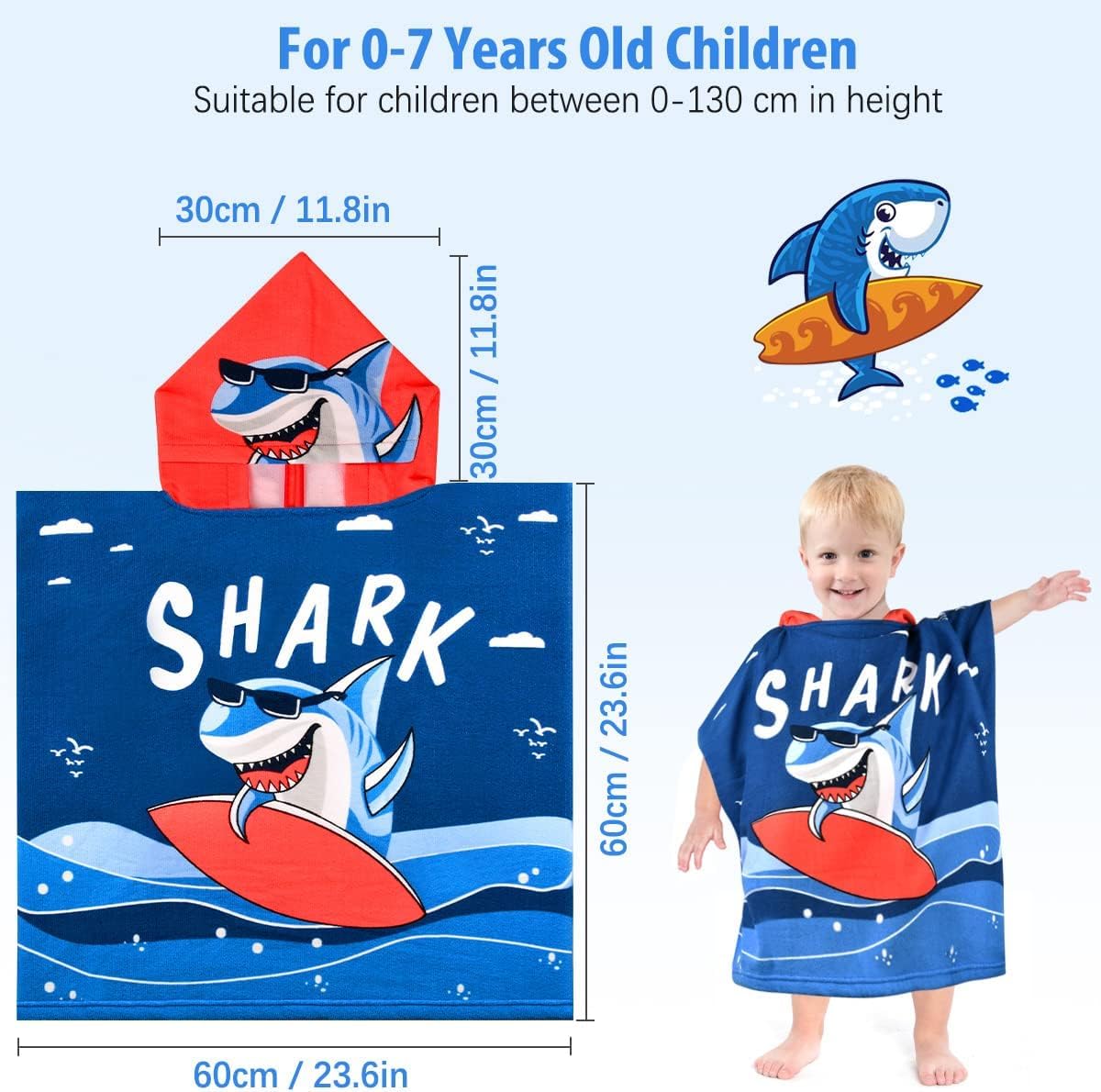 Famyo Hooded Poncho Towel for Kids 1–7 Years, Dark Blue Shark, 60 x 60 cm | Soft Quick-Dry Microfiber Kids Bath Towel | Swimming, Pool & Beach Towel for Boys & Girls for Kids 1