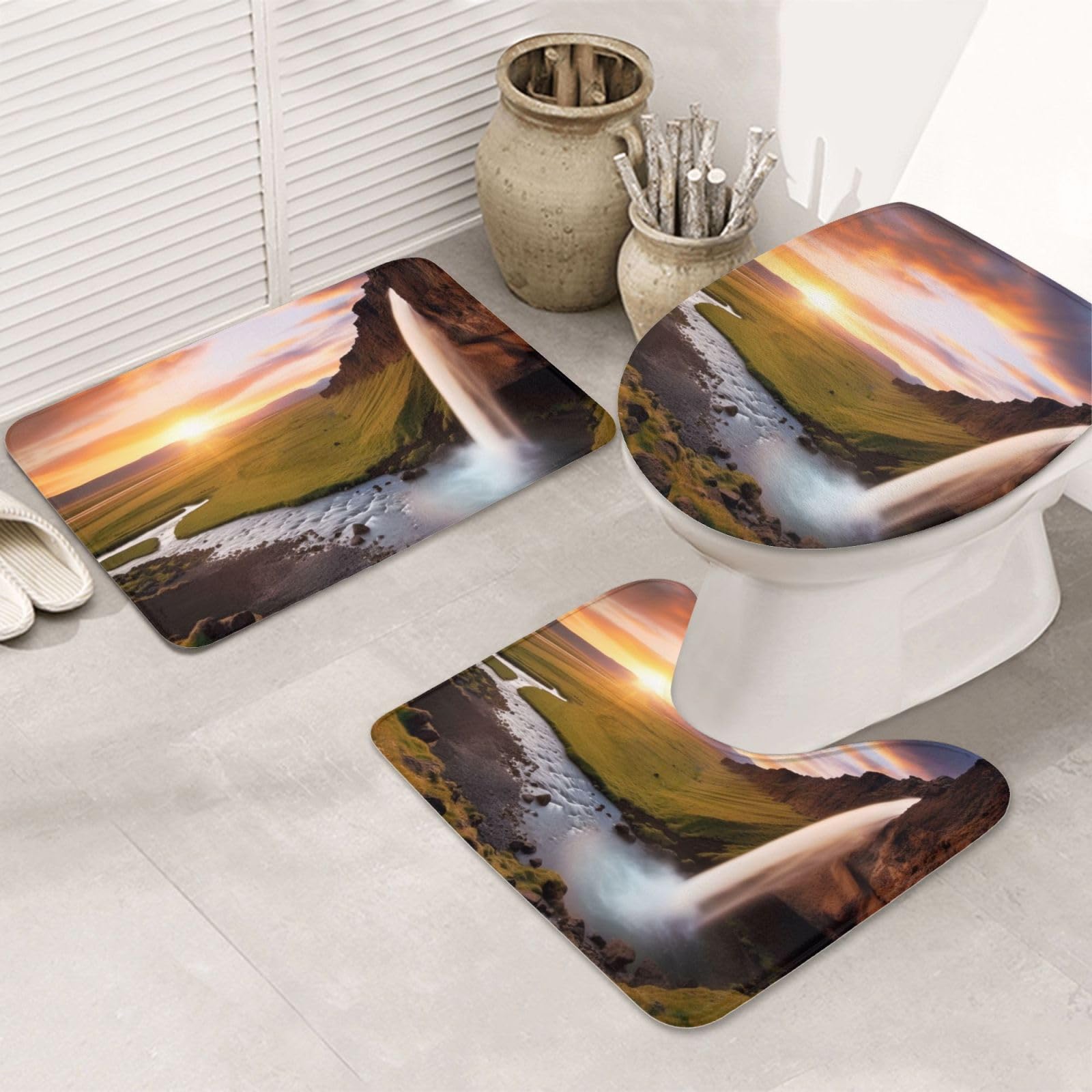 Tapis de bain antidérapant lot de 3 avec contour WC U et couvre-abattant en flanelle grise
