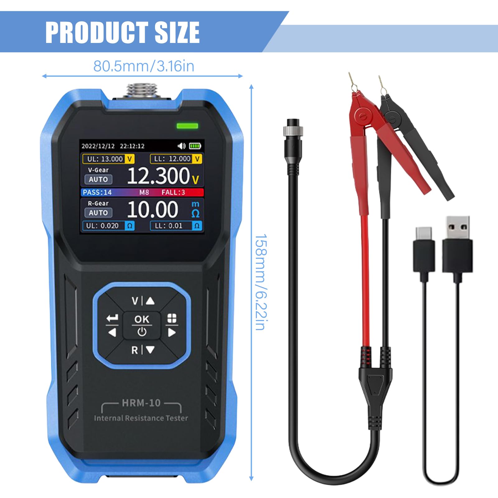 Testeur de résistance interne de la batterie - Testeur de résistance interne - Appareil de mesure de la résistance interne pour batteries 100 V 200 Ω Li/Lab/piles alcalines / piles bouton etc (HRM-10)