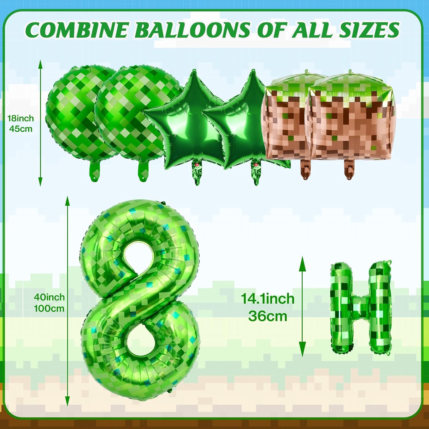 Green Pixel Themed Happy Birthday Banner Party Decorations Set Including 40 Inch Number 8 Foil Balloons, Themed Party Essentials, TNT Pixel Backdrop Supplies for Boys Indoor Outdoor Celebration image 2