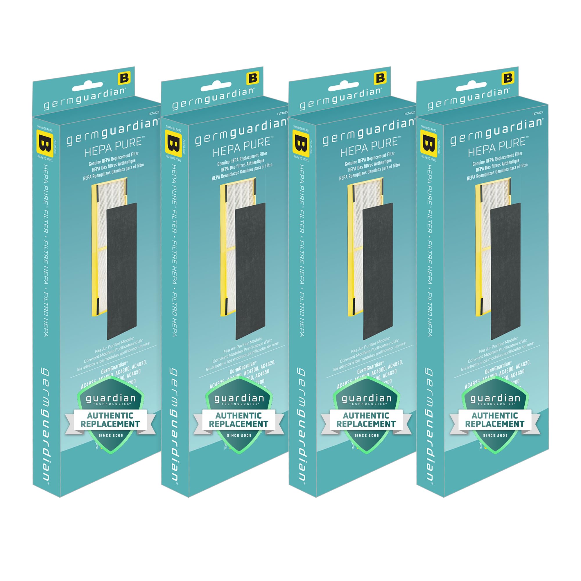 Germ Guardian FLT48254PK GermGuardian FLT4825 HEPA yedek filtre B, AC4825E, AC4300BPTCA, AC4850PT, AC4900CA, CDAP4500BCA, CDAP4500WCA hava temizleyici, 4 adet, gri, siyah