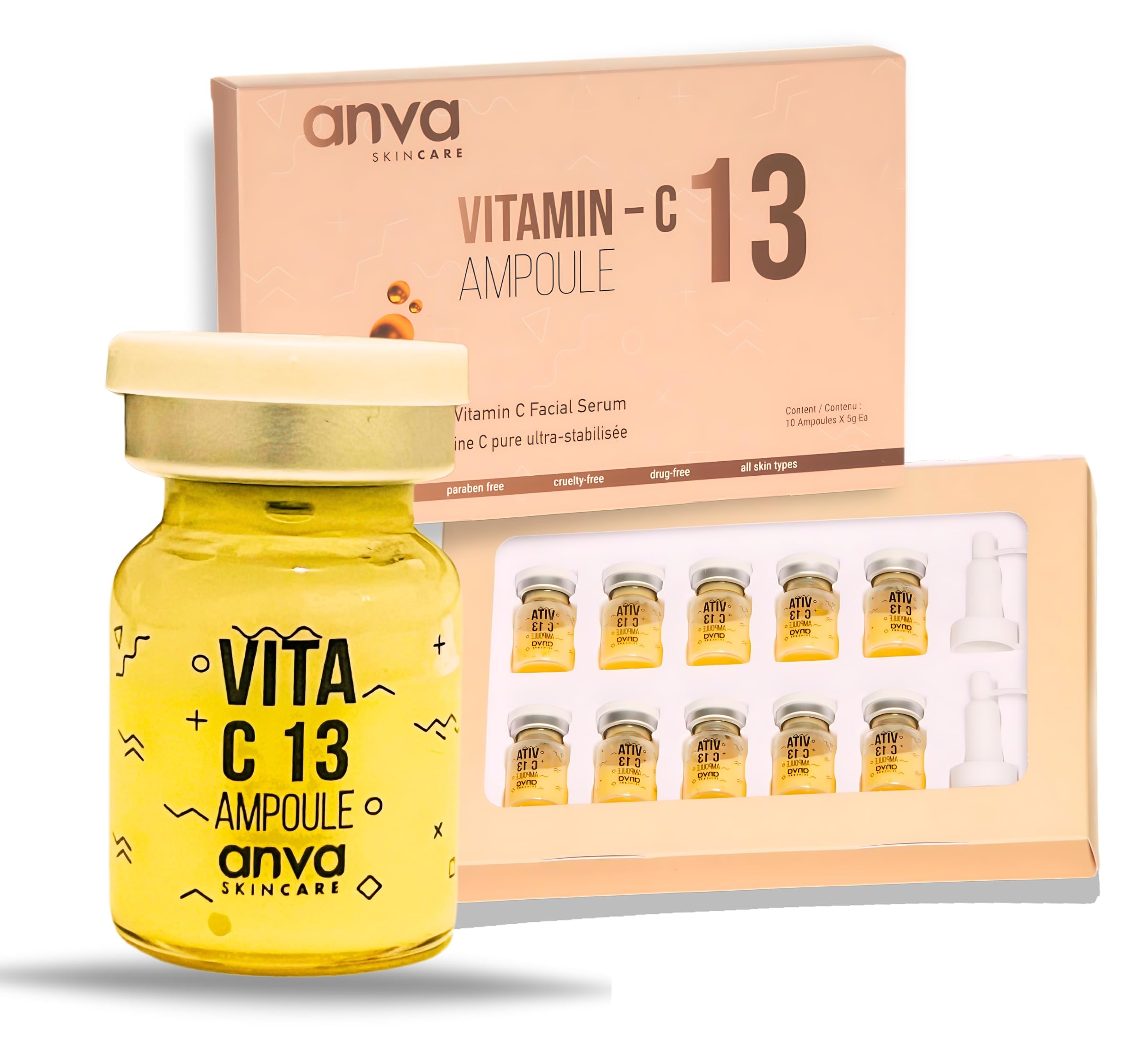 AnvaVitamin C Serum in Ampoule - Highly Stabilized 13% Pure Vitamin C Serum with Glutathione - Targets Pigmentation, Fine lines, and Wrinkles - 10 x 5ml Ampules - Korean Skincare