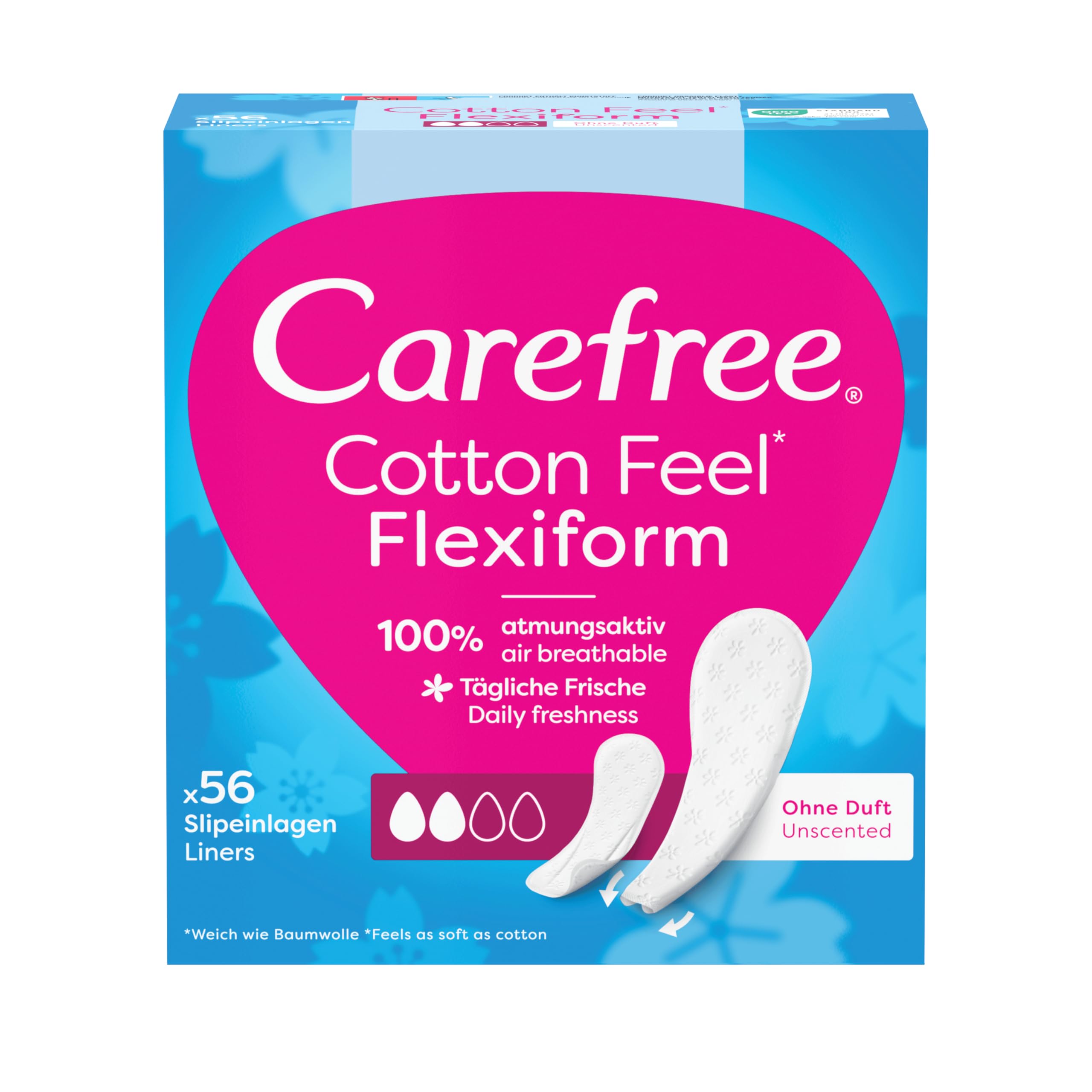Carefree Cotton Flexi Form Unscented. Uniwersalne wkładki higieniczne do każdego rodzaju bielizny. Z ekstraktem z bawełny. Zapewniają długotrwałe uczucie suchości. Bezzapachowe. 56 sztuk (5er Pack)
