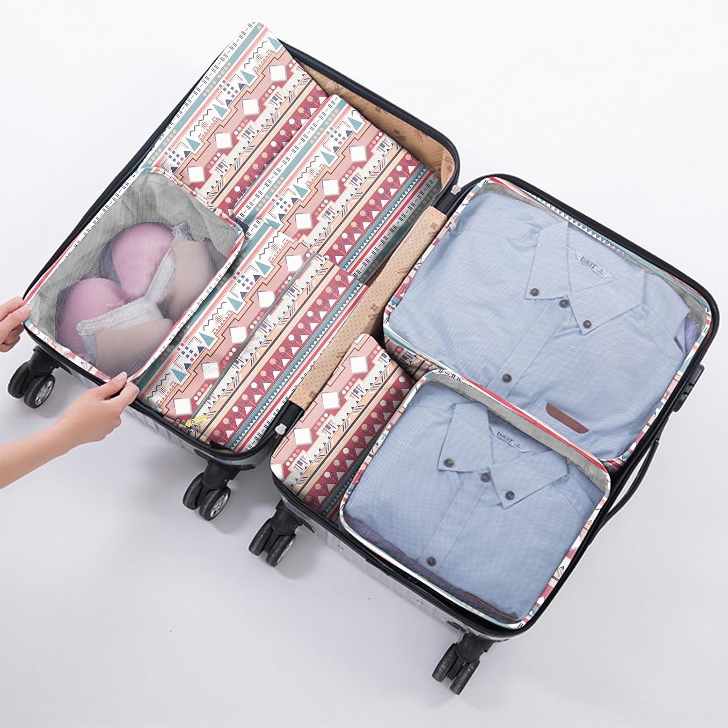 7 Set Packing Cubes Travel Luggage Organizers for Suitcase Travel Accessories with Shoe Bag for Girls Women Aesthetic Cute Boho Bohemian-Pink Blue - Image 4