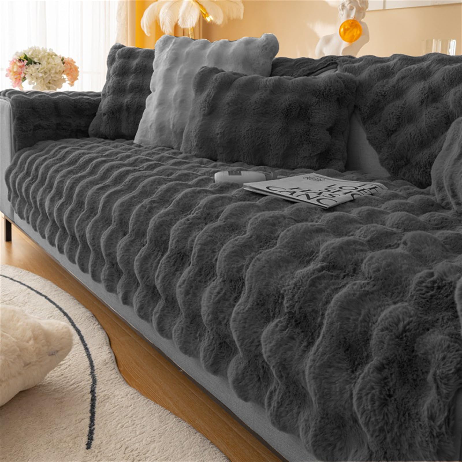 SYLC Rabbit Plush Sofa Cover 1 2 3 Seater, Sofa Slipcover Corner L Shape Thick Warm Couch Protector Anti-slip Caravan Seat Cushion Covers for Kids, Pets (Black,W 70cm×L 150cm)