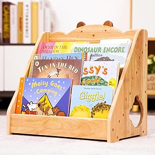 Woodtoe Montessori Bookshelf for Kids, Natural Wood Bookcase with Chalkboard & Storage, Kids Magazine Rack Book Display Organizer, Classroom Bookshelves Kids Furniture Christmas for Boys Girls 3+