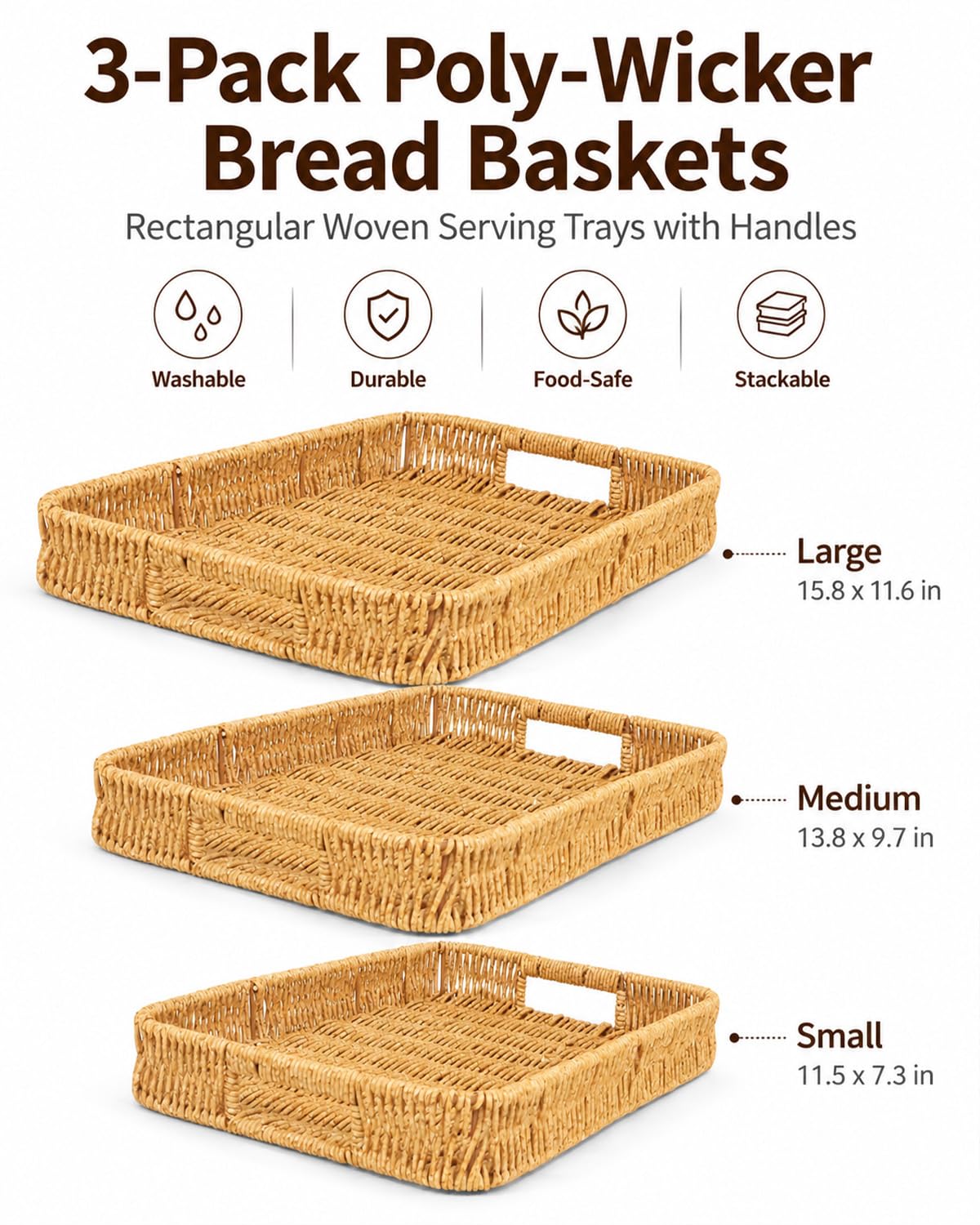 Cesta de pan, paquete de 3 cestas tejidas de mimbre, bandejas tejidas con asas, cestas de pan para servir cestas de pan tejidas para comedor, café, frutas, verduras, 3 tamaños