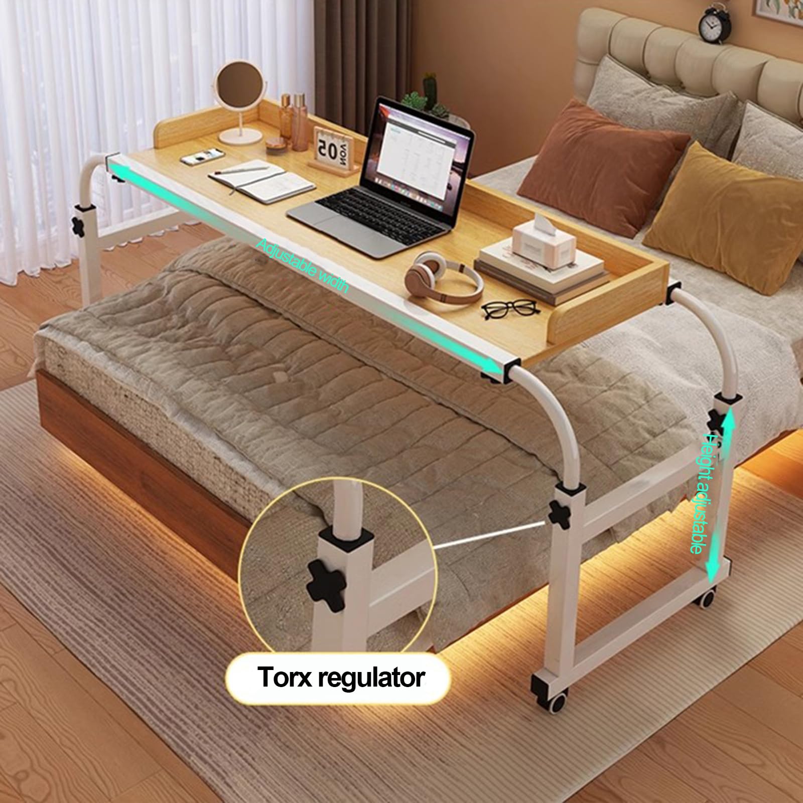 Tavolino da Letto E Divano Ruote，Scrivania Tavolo Medico con Lunghezza 115-210cm E Altezza 65-95cm Regolabili Tavolino Mobile da Tavolo da Computer A Croce Tavolo Letto(Color:Wood)