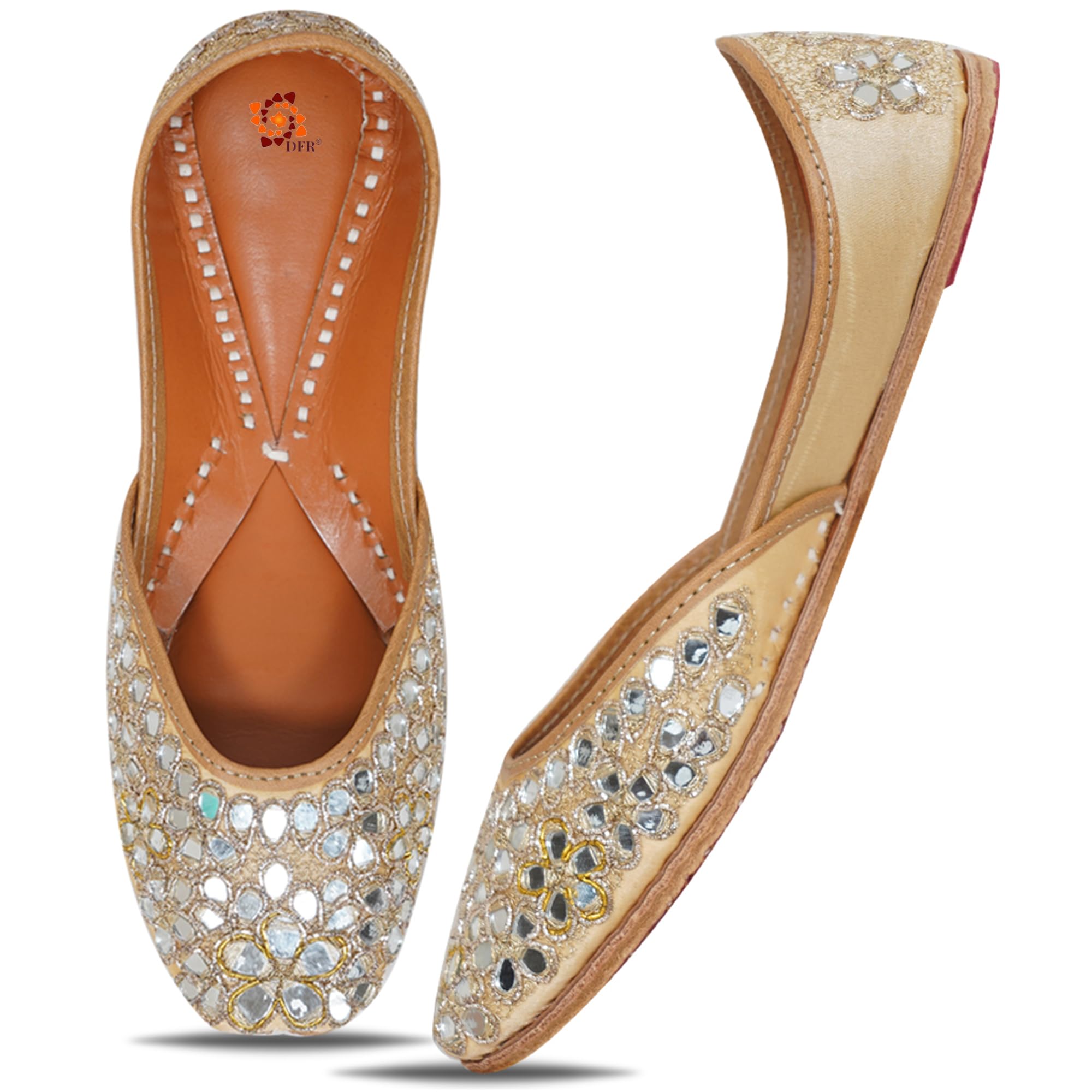 Traditional Hand Dabka Zari Embroidery Rajasthani Ethnic Punjabi Comfortable Sole Cushioned Stylish Fancy Bellies Mojari Jutti for Women