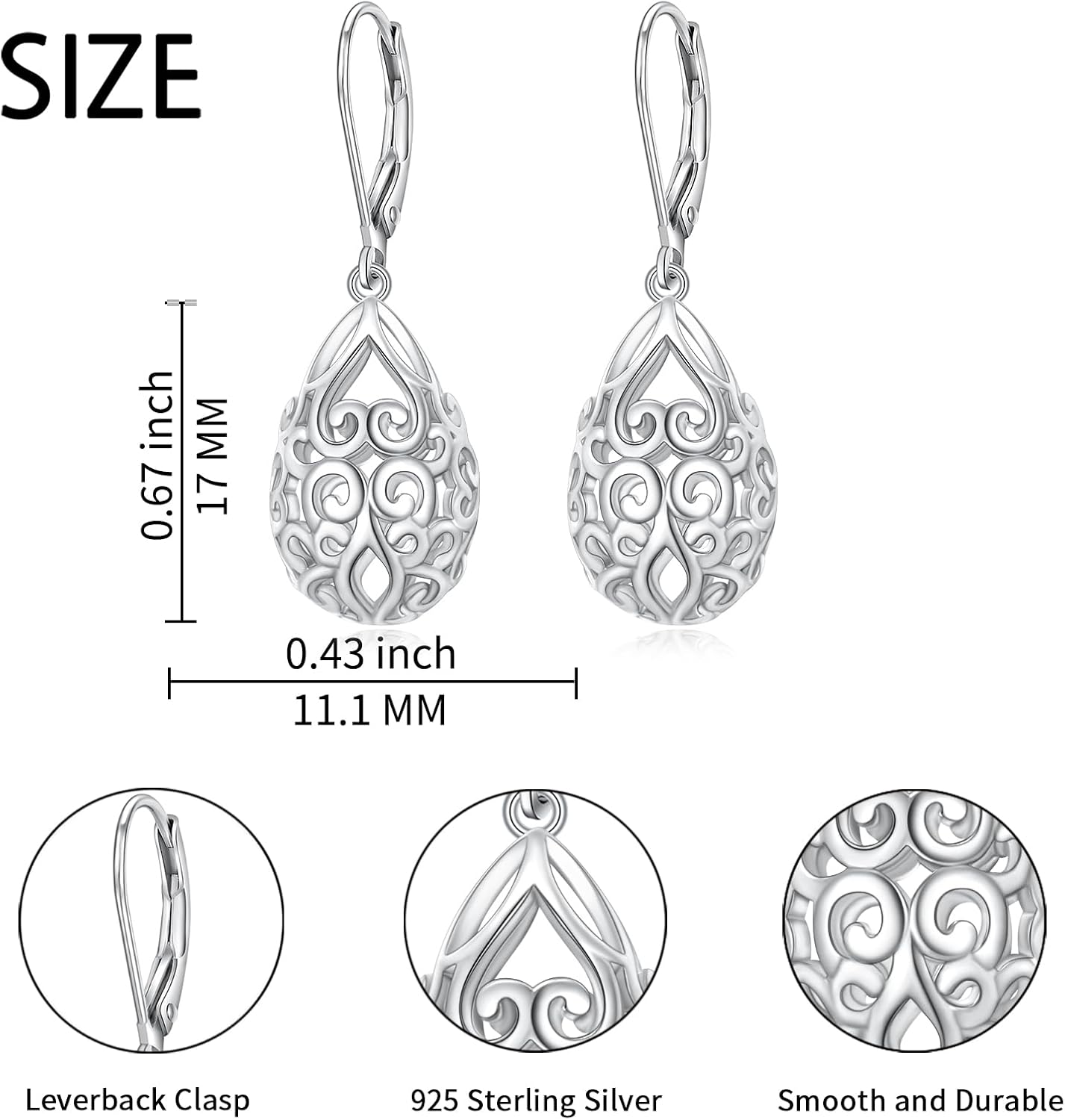 Alphm Filigree Dangle Drop Earrings 925 Sterling Silver French Style Leverback Teardrop Earrings for Women Lightweight Hypoallergenic Jewelry Valentine's Day Gifts for Wife Girlfriend - Image 6